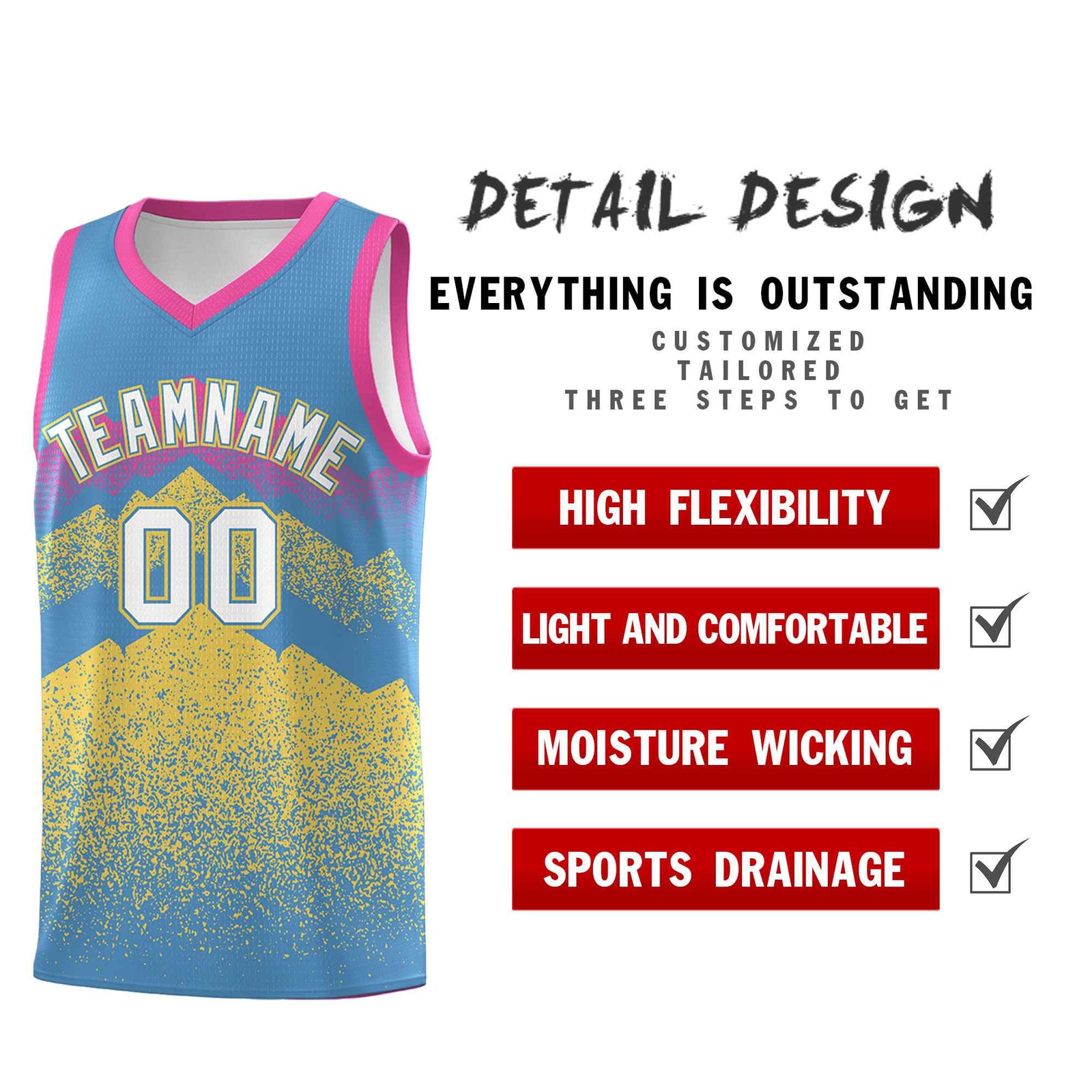 Personalized Youth Basketball Jerseys Light Blue Khaki Gradient Mountain Design Uniforms