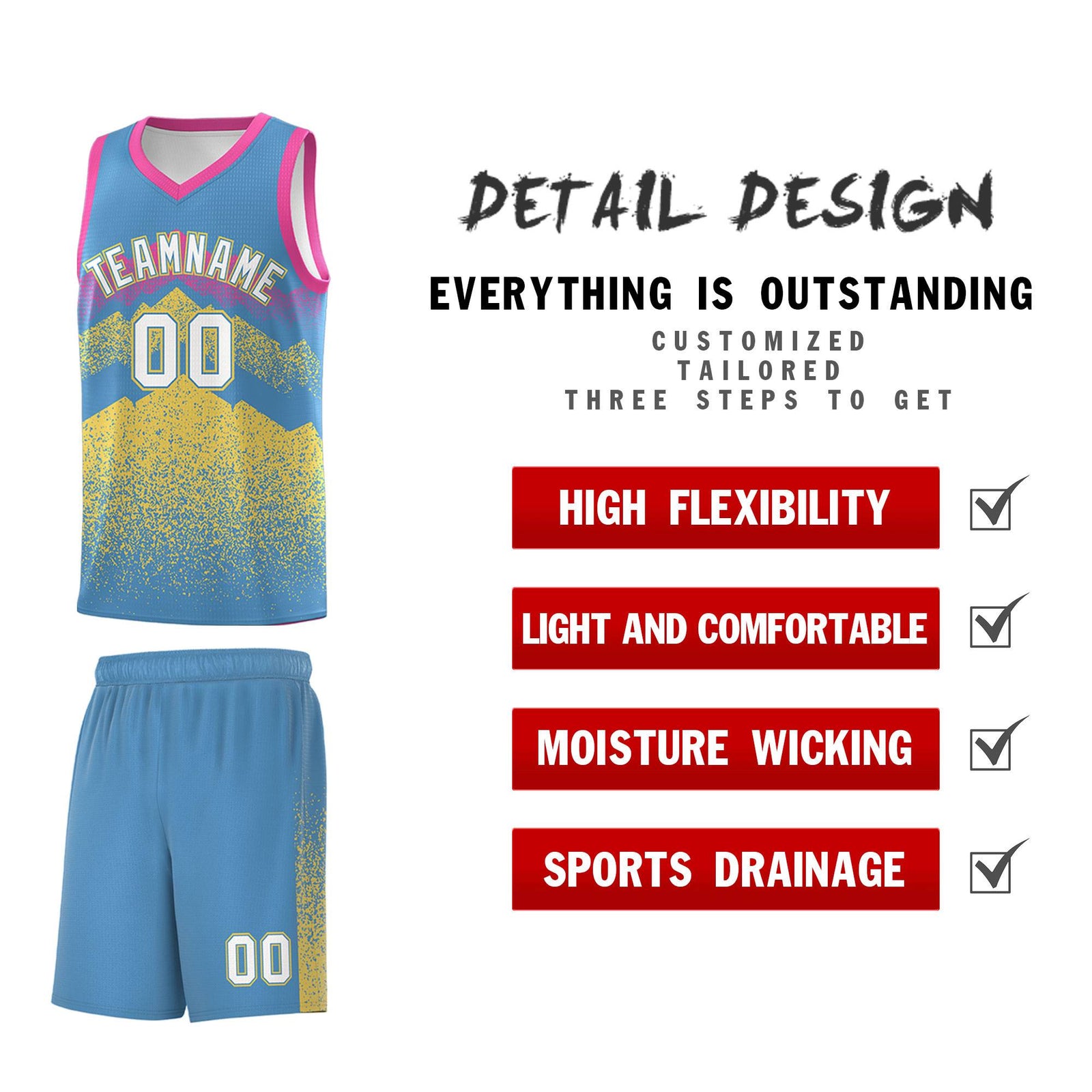 Personalized Youth Basketball Jerseys Light Blue Khaki Gradient Mountain Design Uniforms