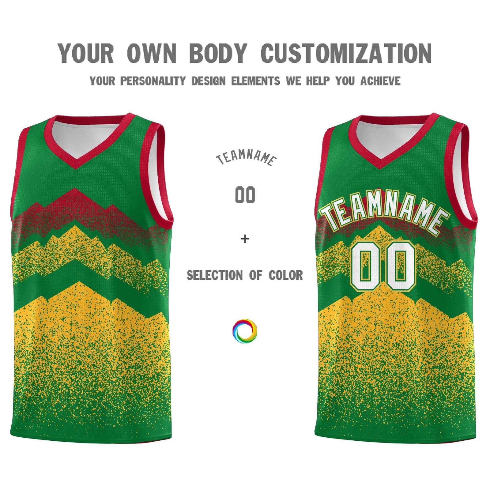 Custom Youth Basketball Jerseys Kelly Green Gold Gradient Mountain Design Uniforms