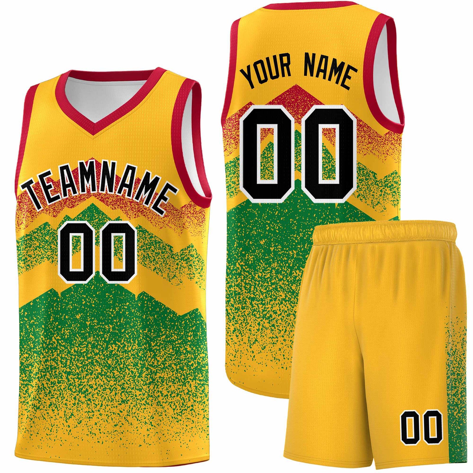 Personalized Youth Basketball Jerseys Gold Kelly Green Gradient Mountain Design Uniforms