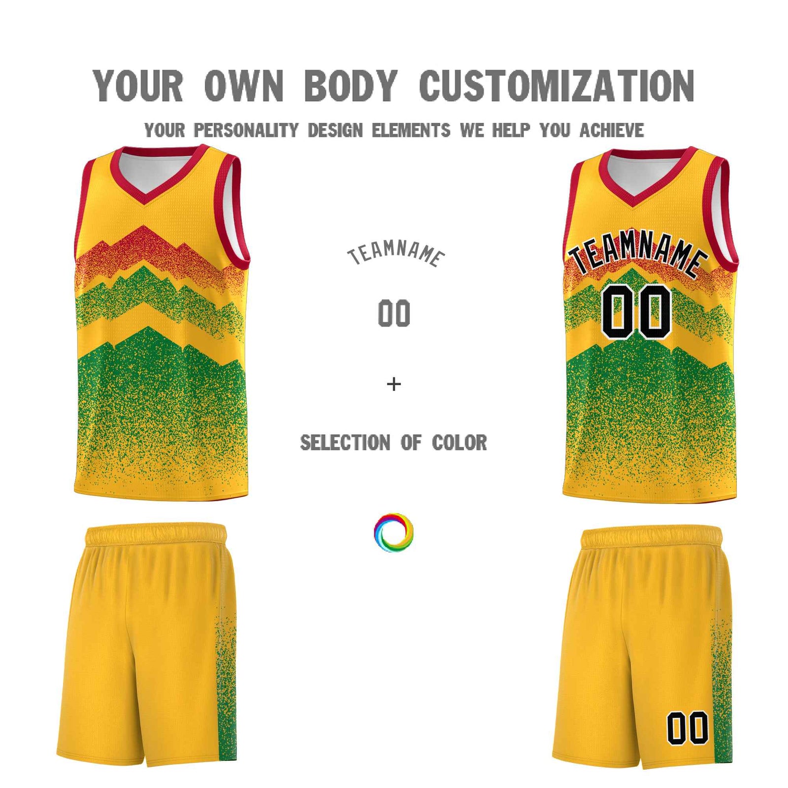 Personalized Youth Basketball Jerseys Gold Kelly Green Gradient Mountain Design Uniforms