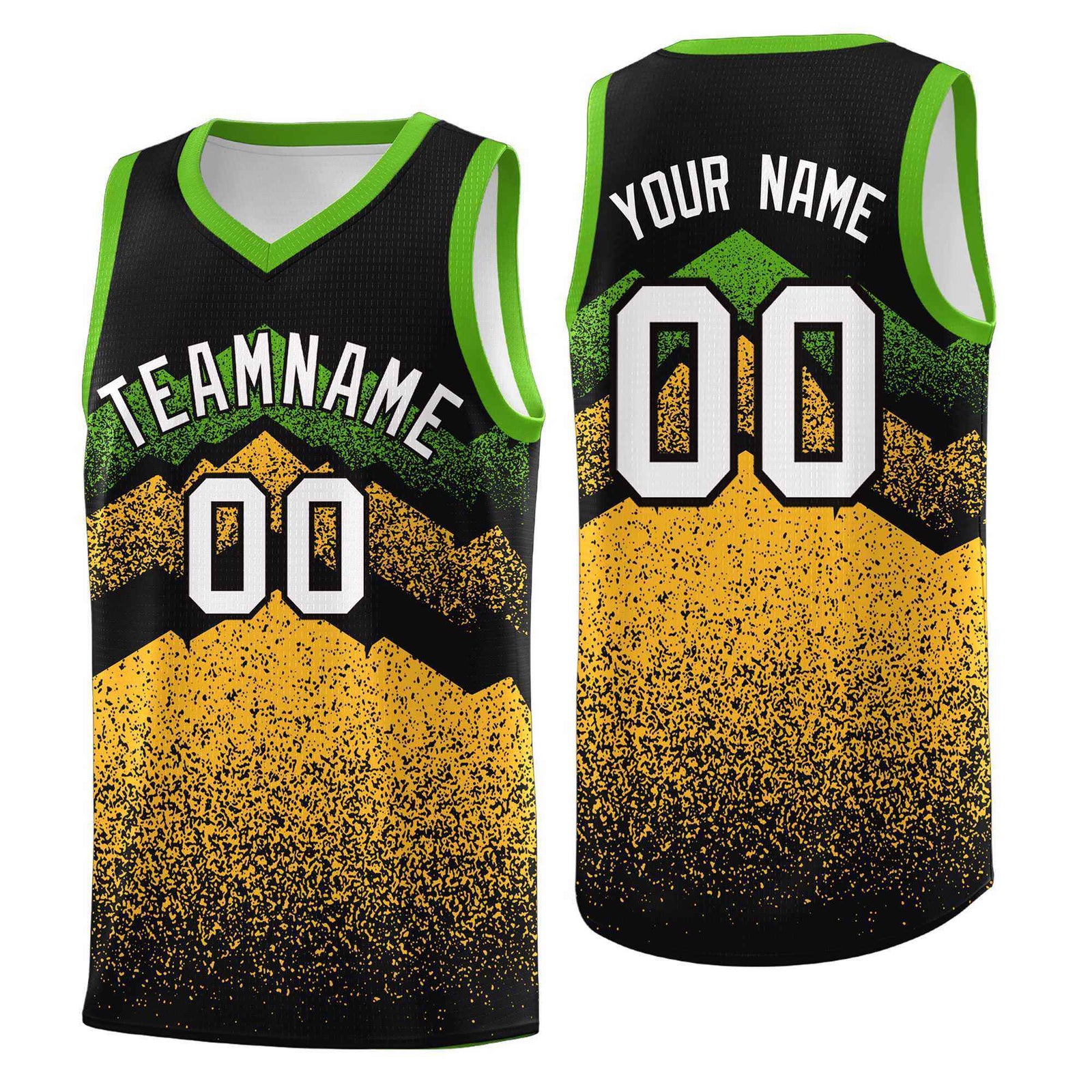 Personalized Youth Basketball Jerseys Black Gold Gradient Mountain Design Uniforms