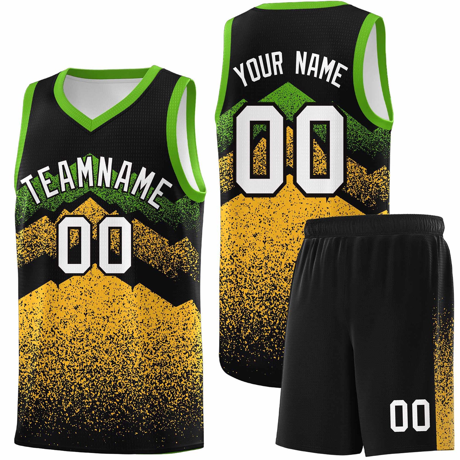 Personalized Youth Basketball Jerseys Black Gold Gradient Mountain Design Uniforms