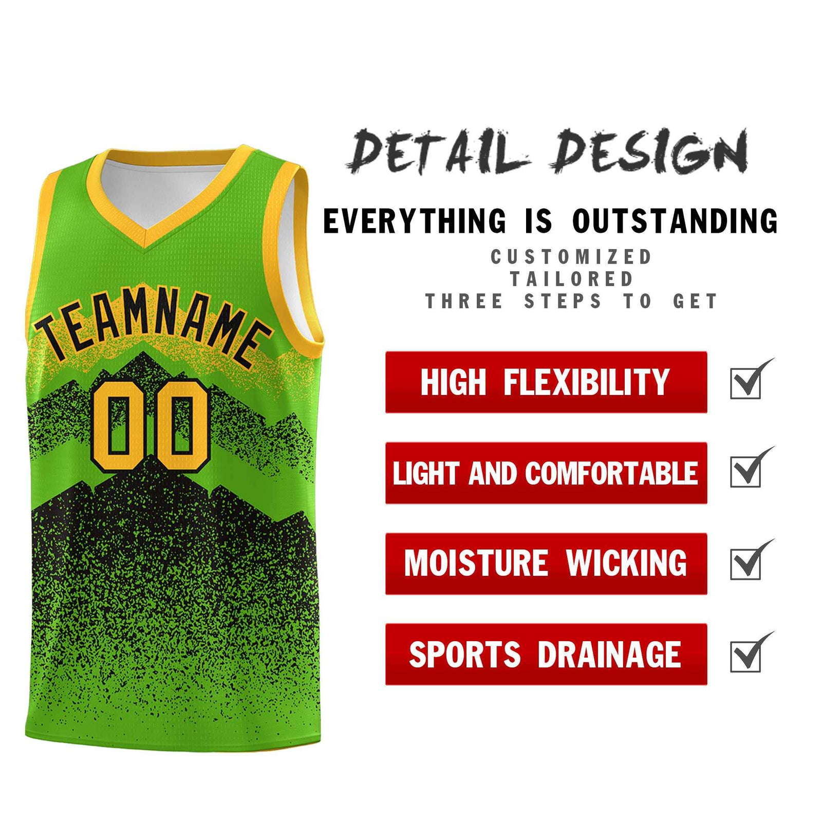 Custom Youth Basketball Jerseys Green Black Gradient Mountain Design Uniforms