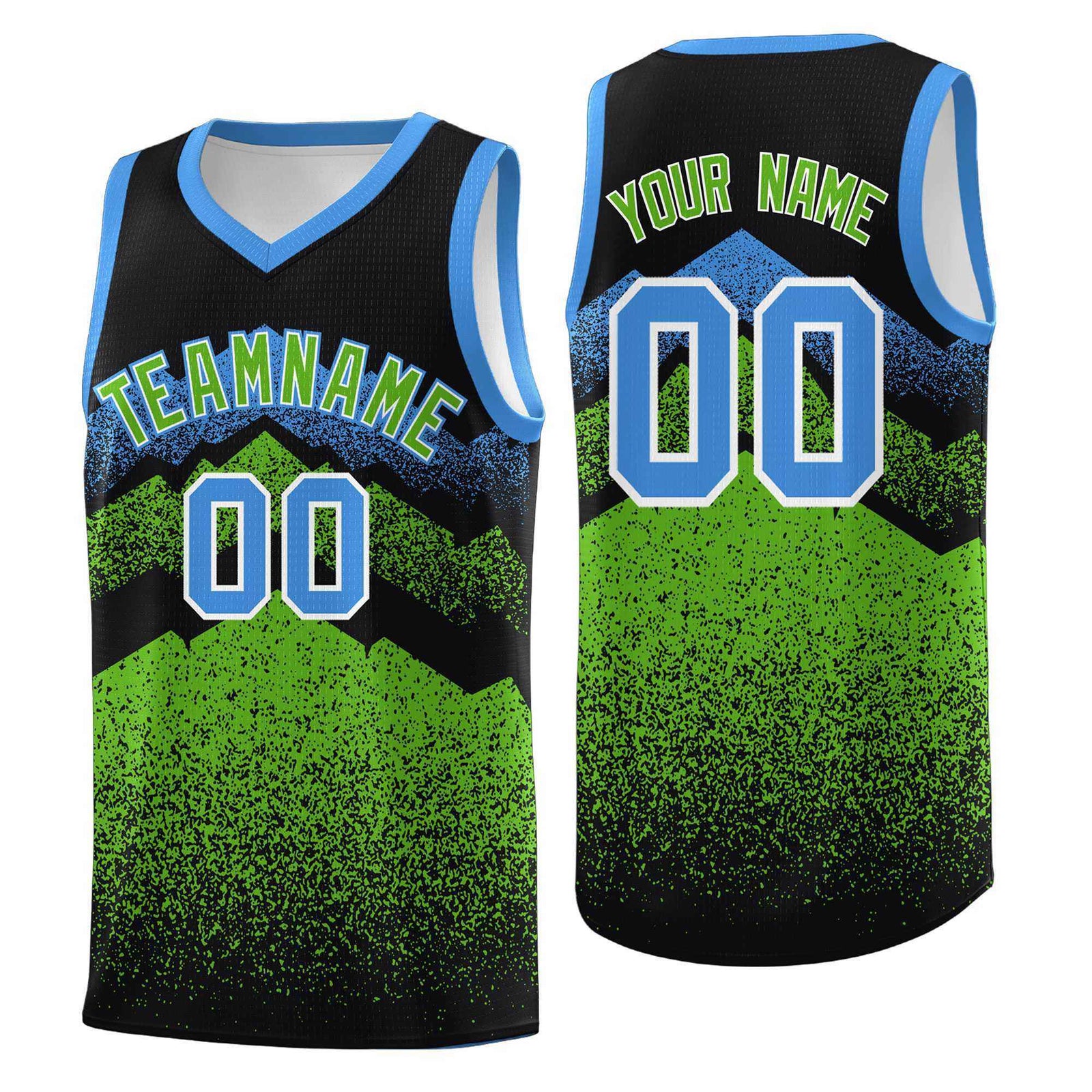 Personalized Youth Basketball Jerseys Black Green Gradient Mountain Design Uniforms