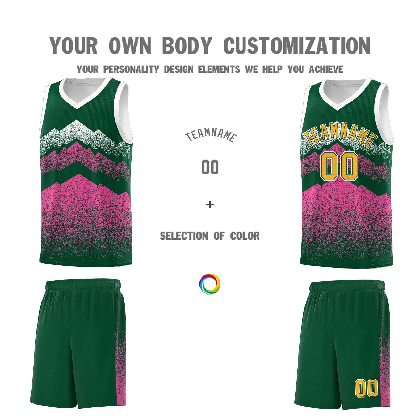 Custom Youth Basketball Jerseys Green Pink Gradient Mountain Design Uniforms