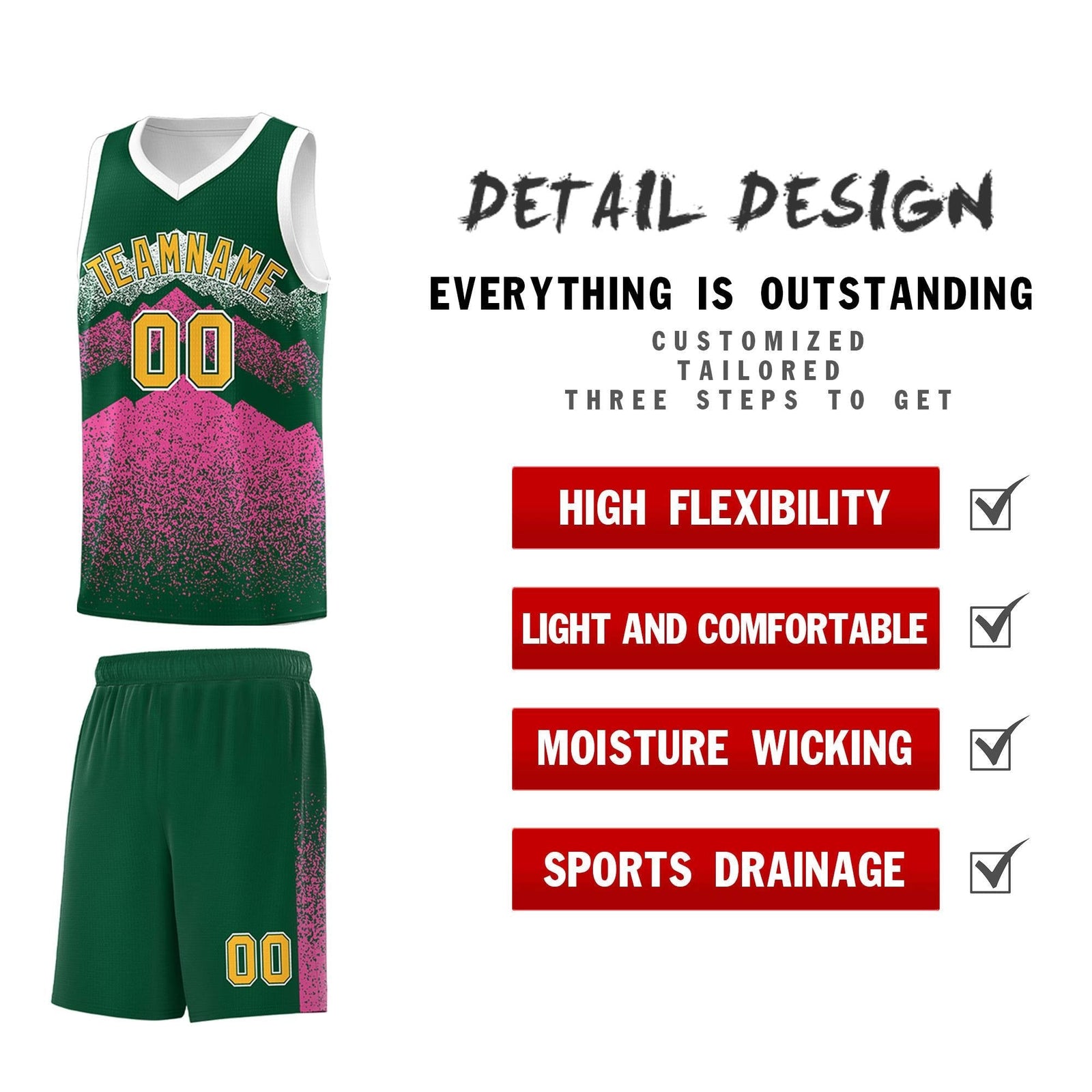 Custom Youth Basketball Jerseys Green Pink Gradient Mountain Design Uniforms