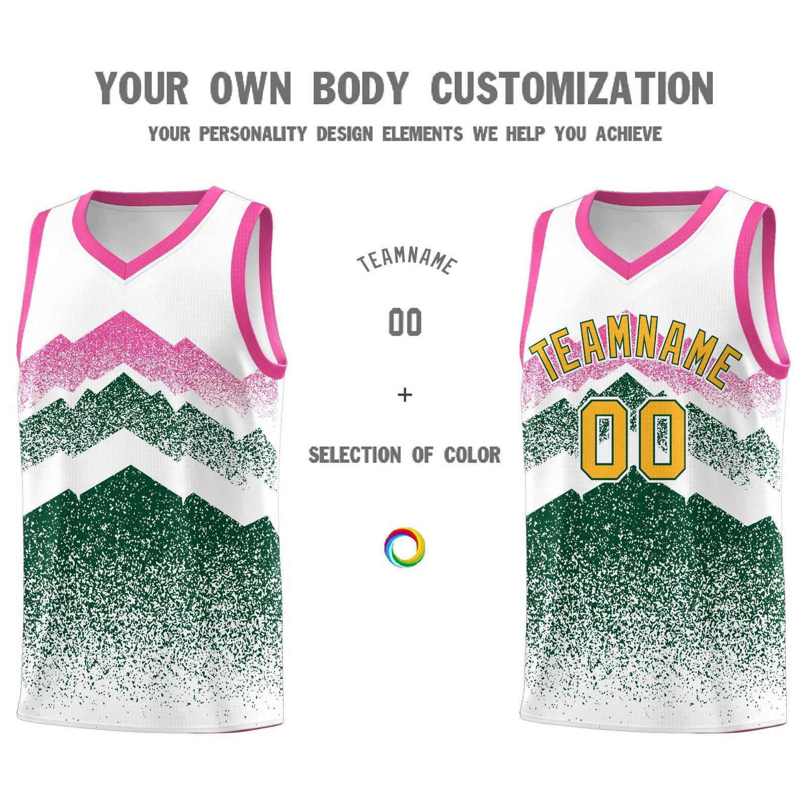 Custom Youth Basketball Jerseys White Green Gradient Mountain Design Uniforms