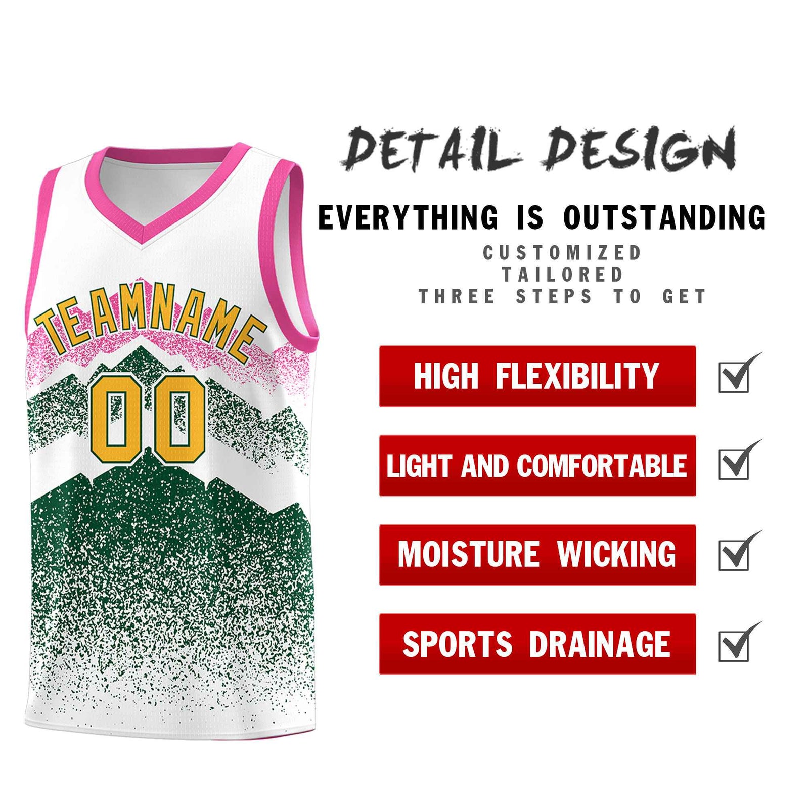 Custom Youth Basketball Jerseys White Green Gradient Mountain Design Uniforms