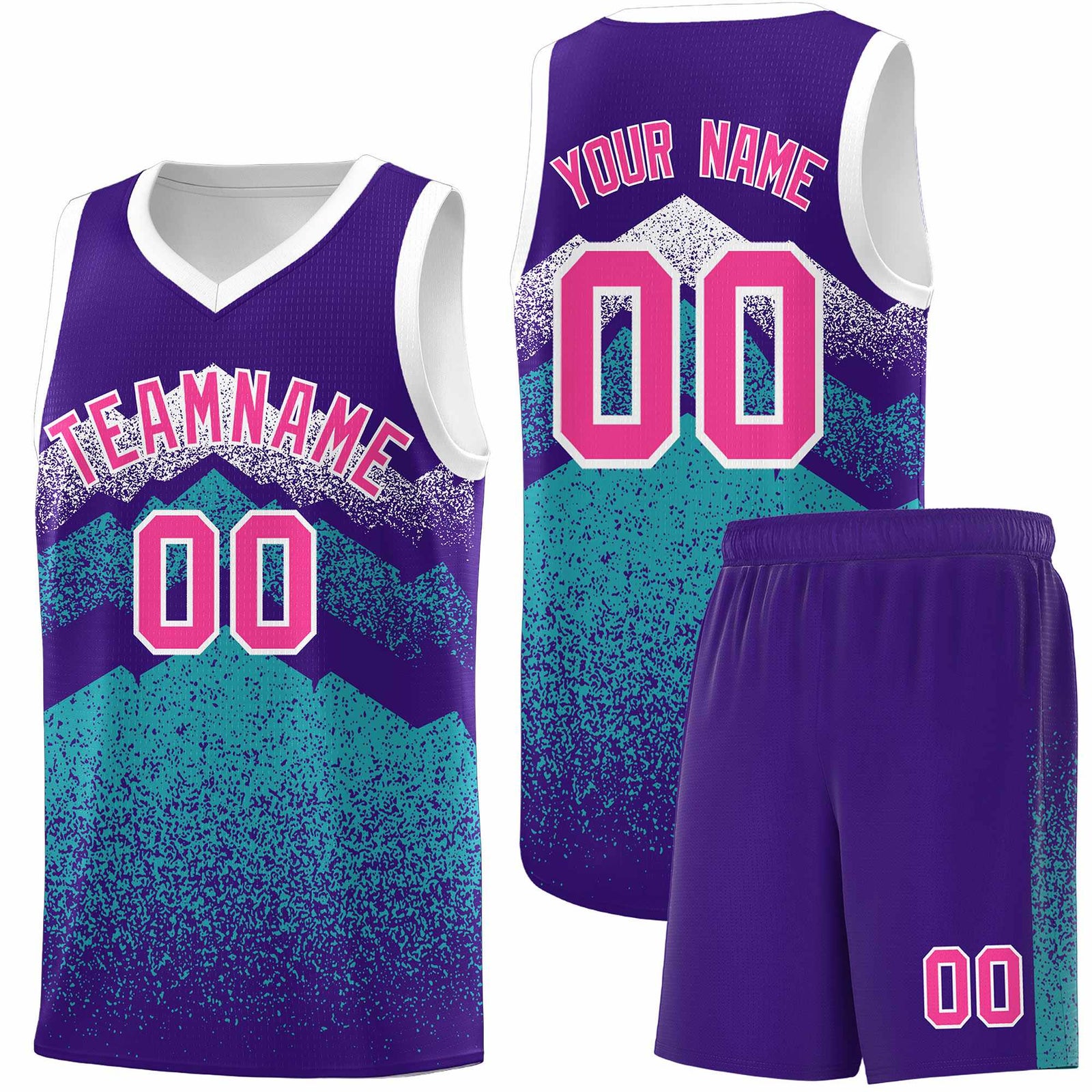 Personalized Youth Basketball Jerseys Purple Aqua Gradient Mountain Design Uniforms