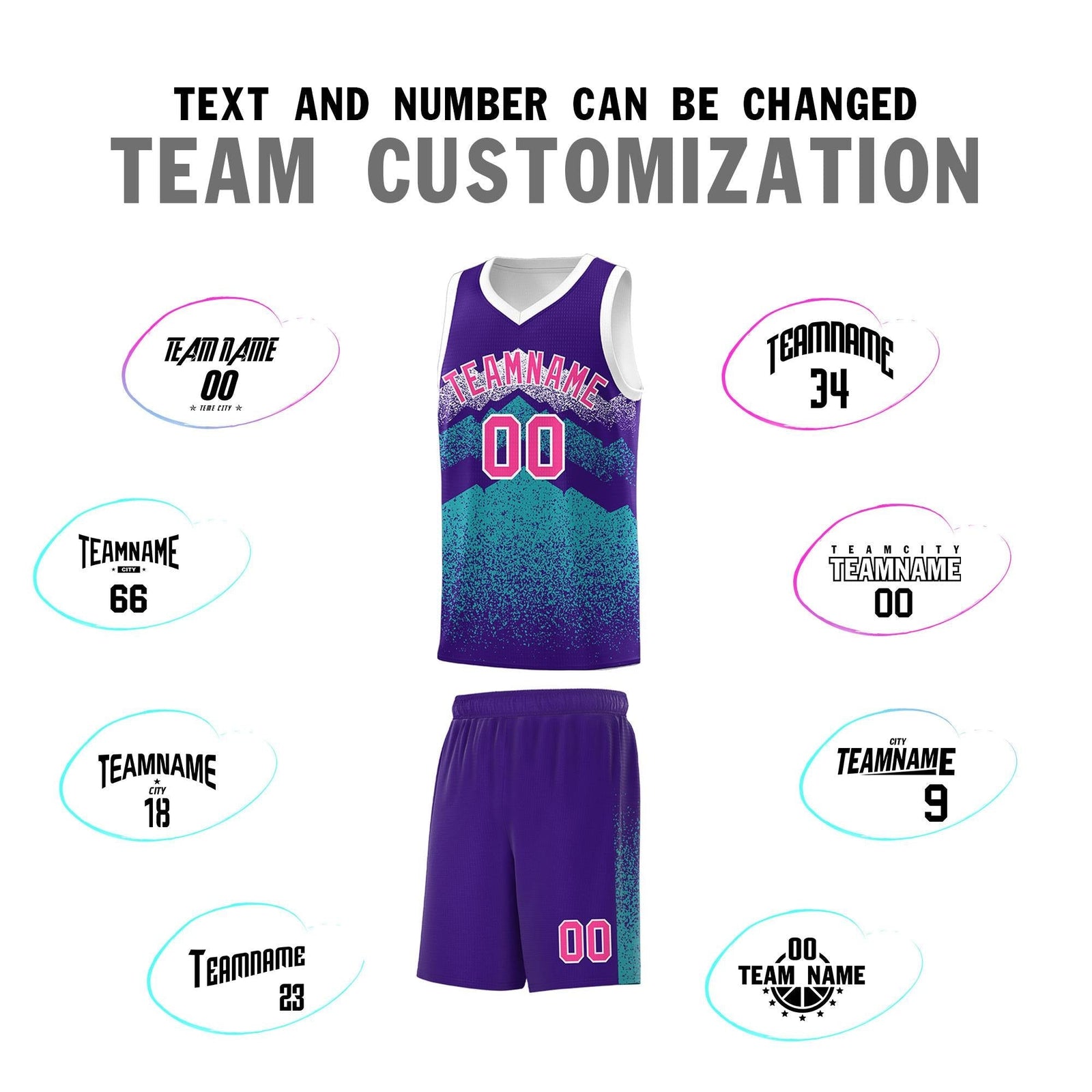 Personalized Youth Basketball Jerseys Purple Aqua Gradient Mountain Design Uniforms