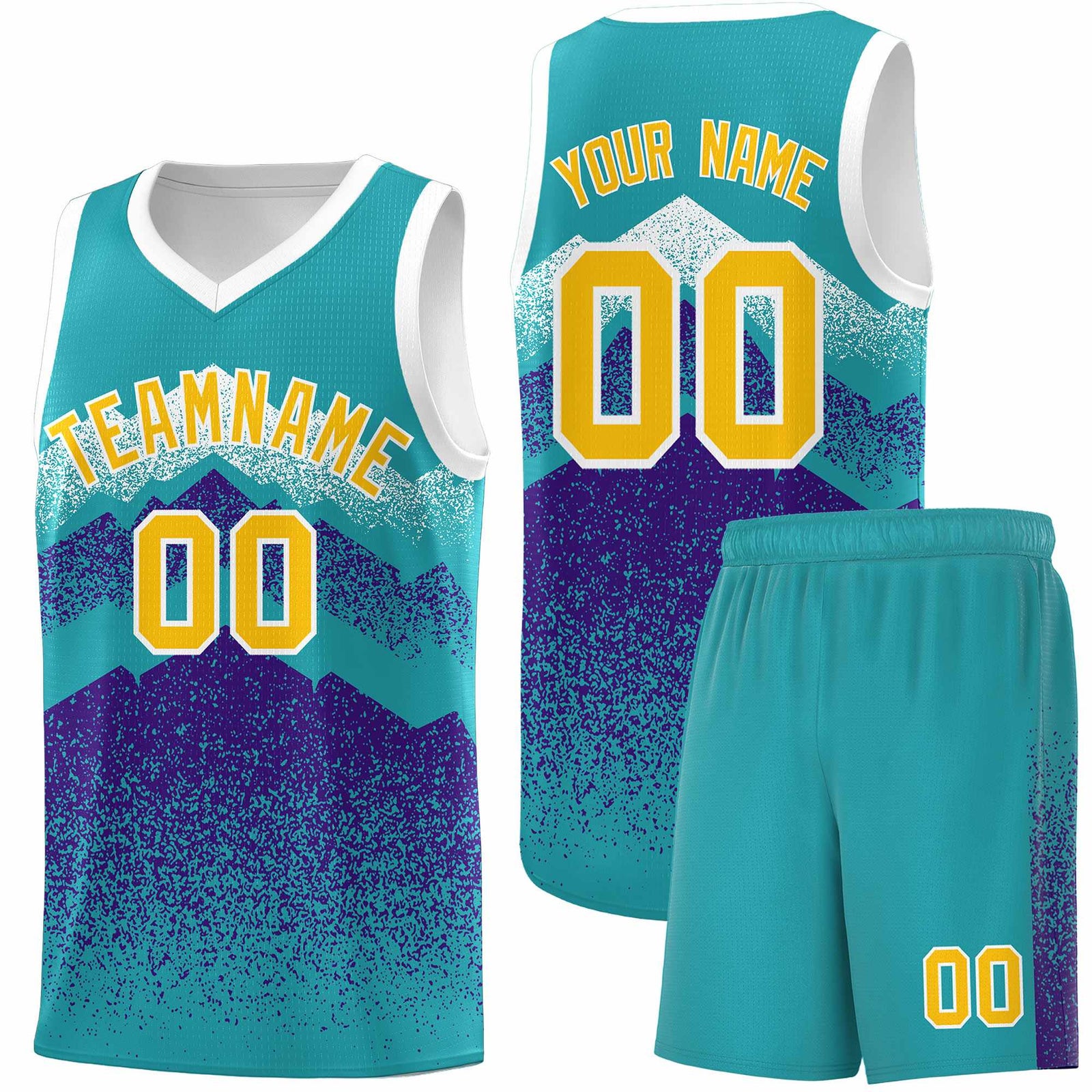 Personalized Youth Basketball Jerseys Aqua Purple Gradient Mountain Design Uniforms
