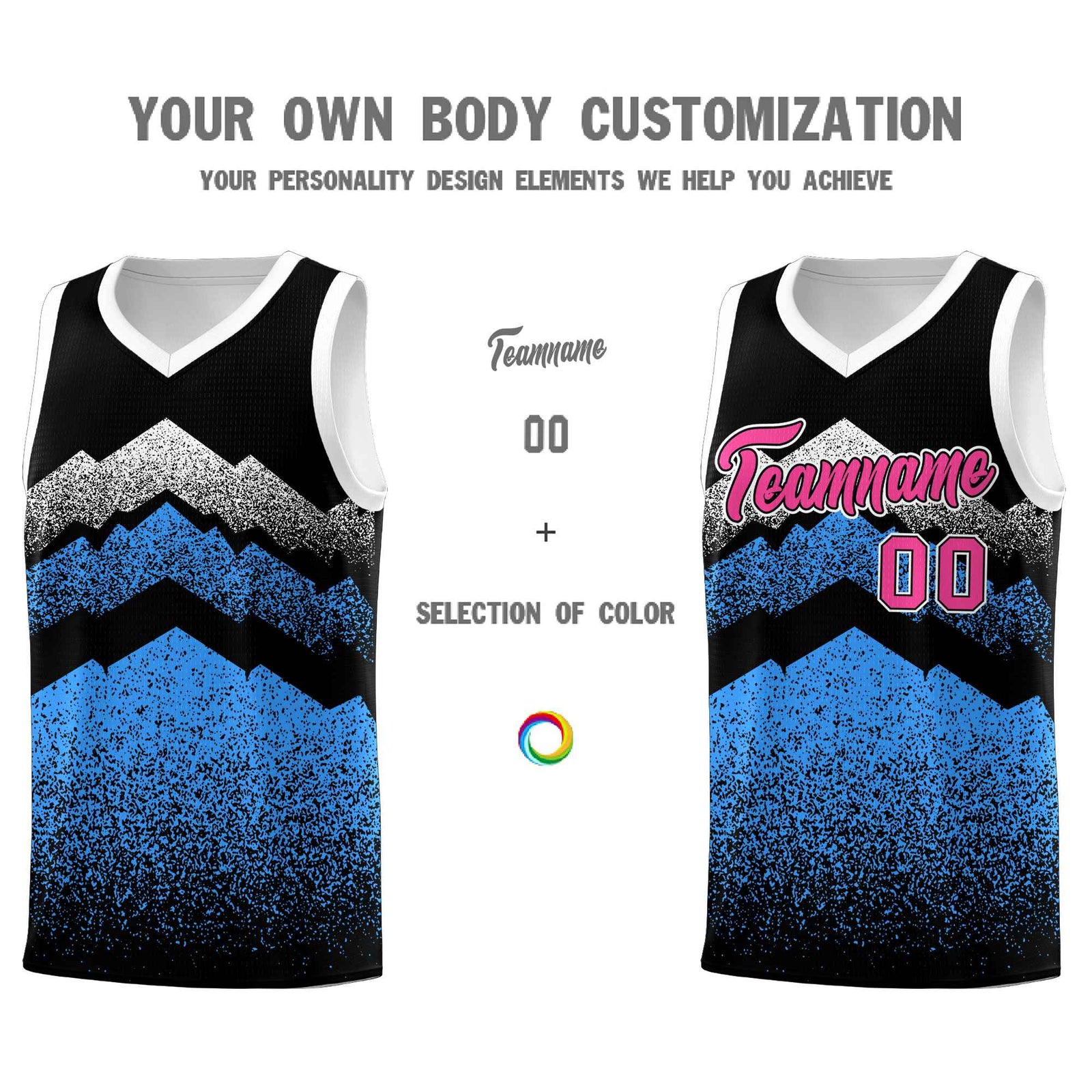Personalized Youth Basketball Jerseys Black Powder Blue Gradient Mountain Design Uniforms