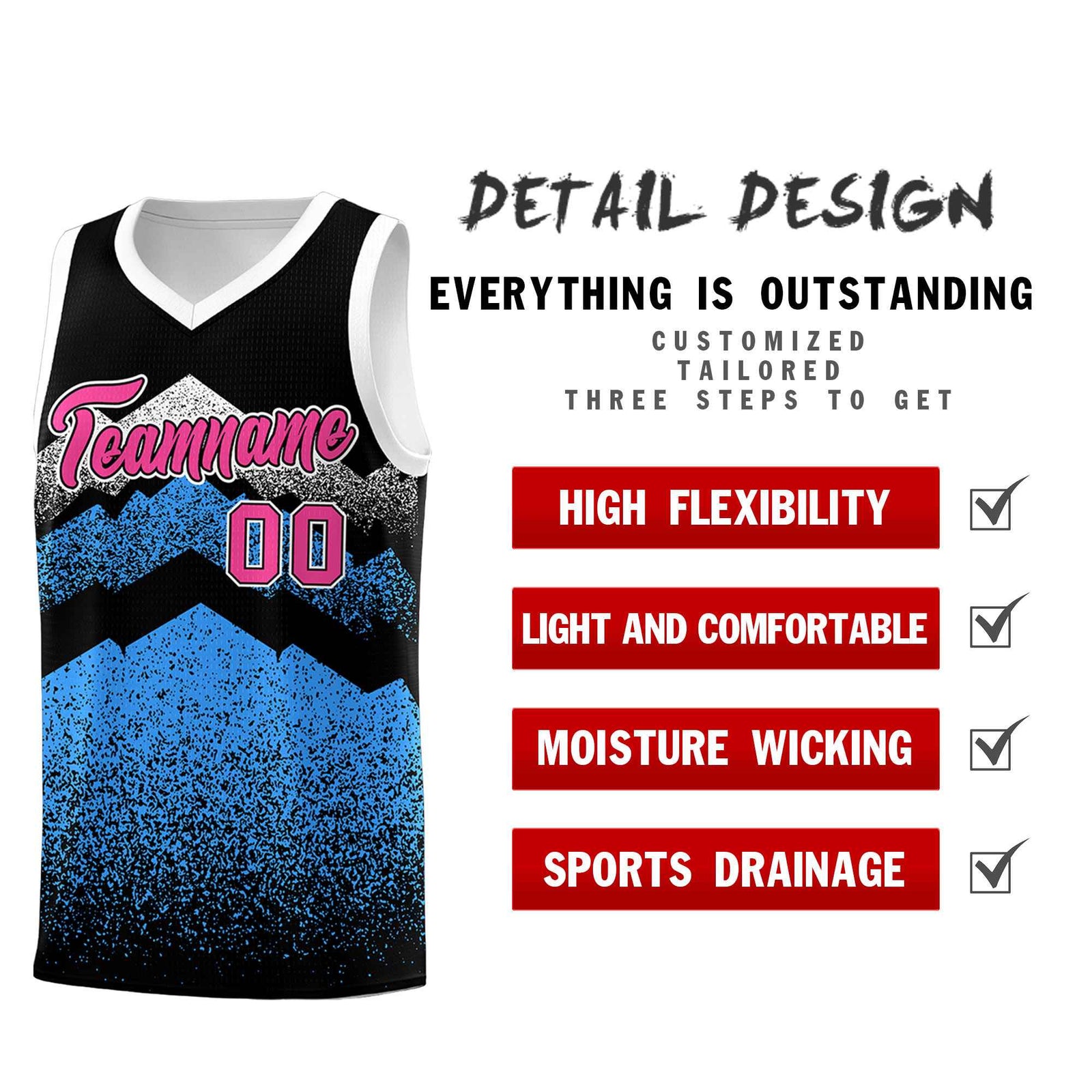 Personalized Youth Basketball Jerseys Black Powder Blue Gradient Mountain Design Uniforms