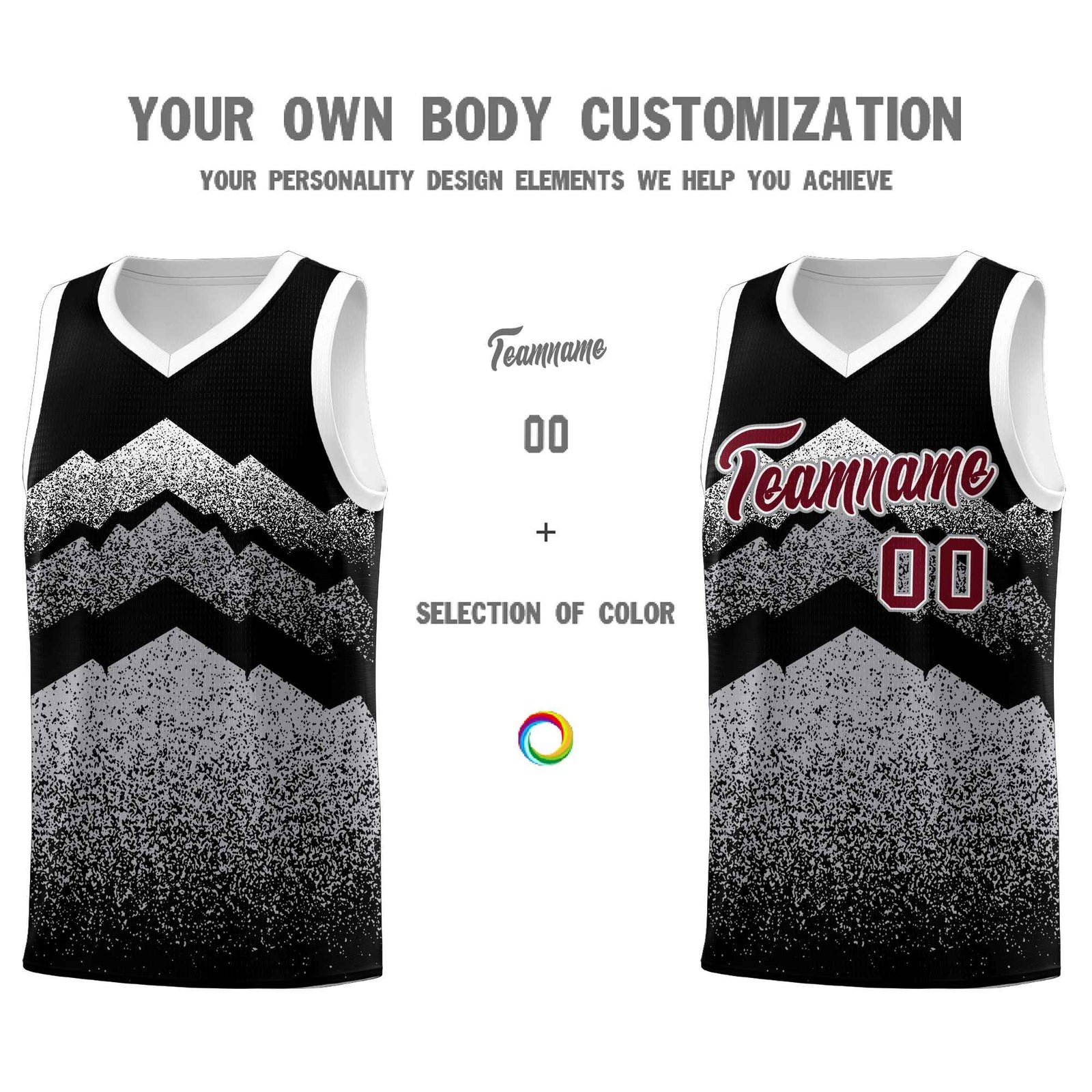 Personalized Youth Basketball Jerseys Black Gray Gradient Mountain Design Uniforms