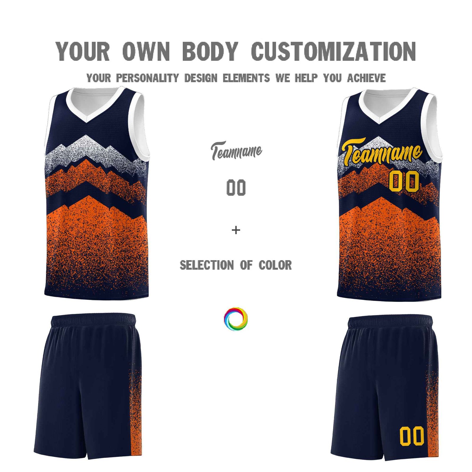 Personalized Youth Basketball Jerseys Navy Orange Gradient Mountain Design Uniforms