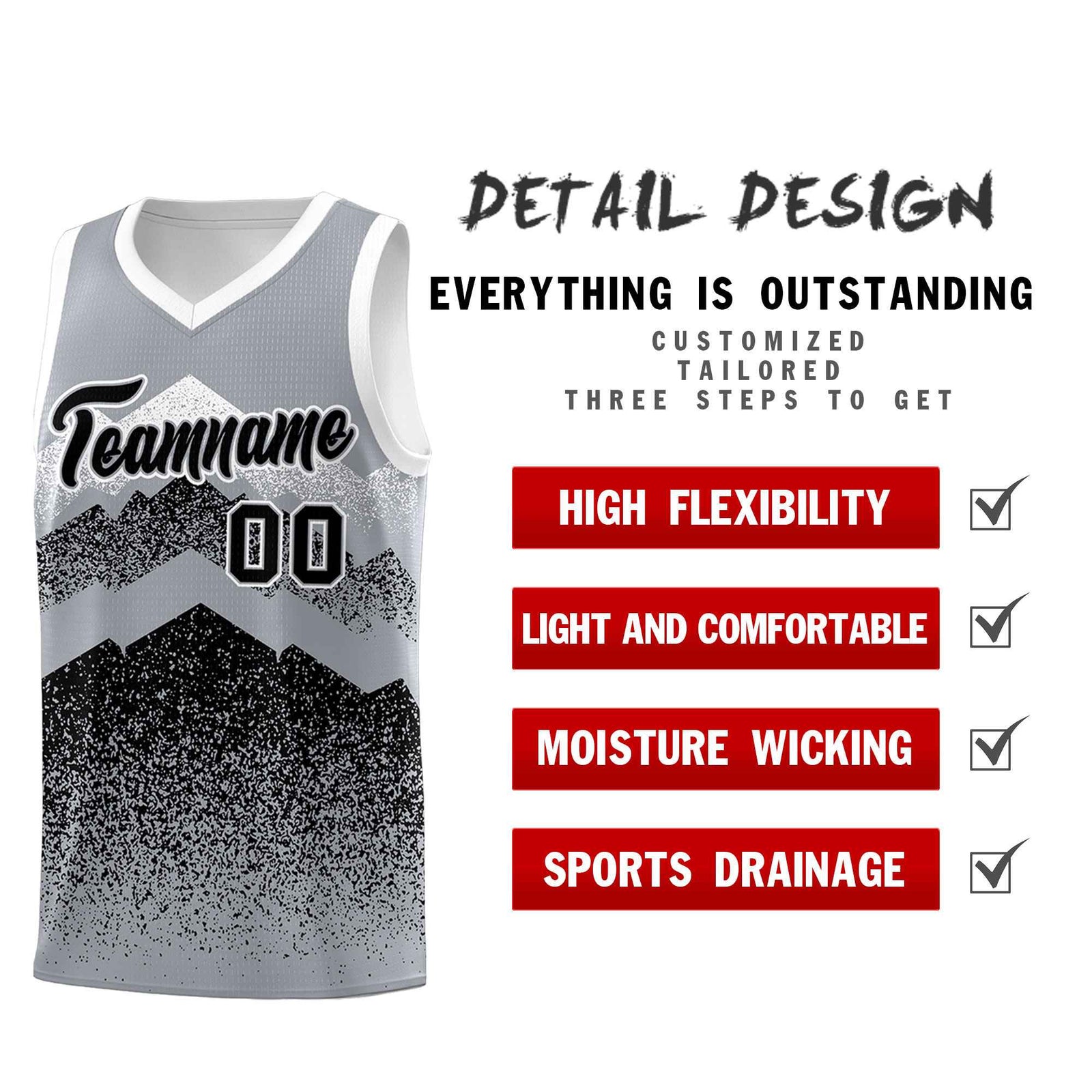 Personalized Youth Basketball Jerseys Gray Black Gradient Mountain Design Uniforms