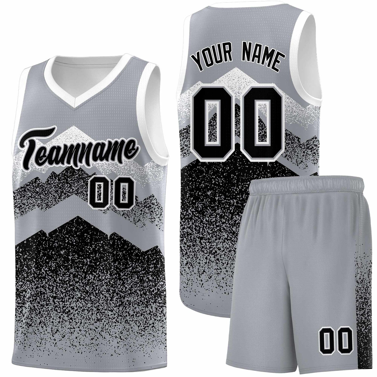 Personalized Youth Basketball Jerseys Gray Black Gradient Mountain Design Uniforms