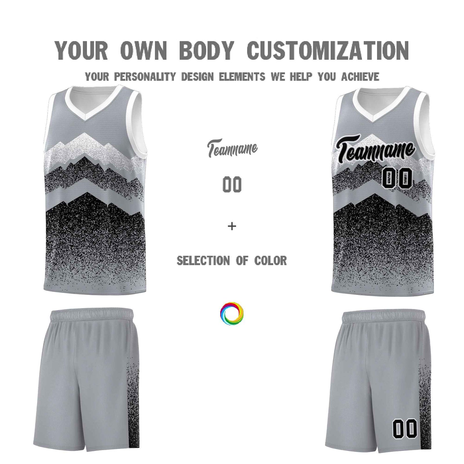 Personalized Youth Basketball Jerseys Gray Black Gradient Mountain Design Uniforms