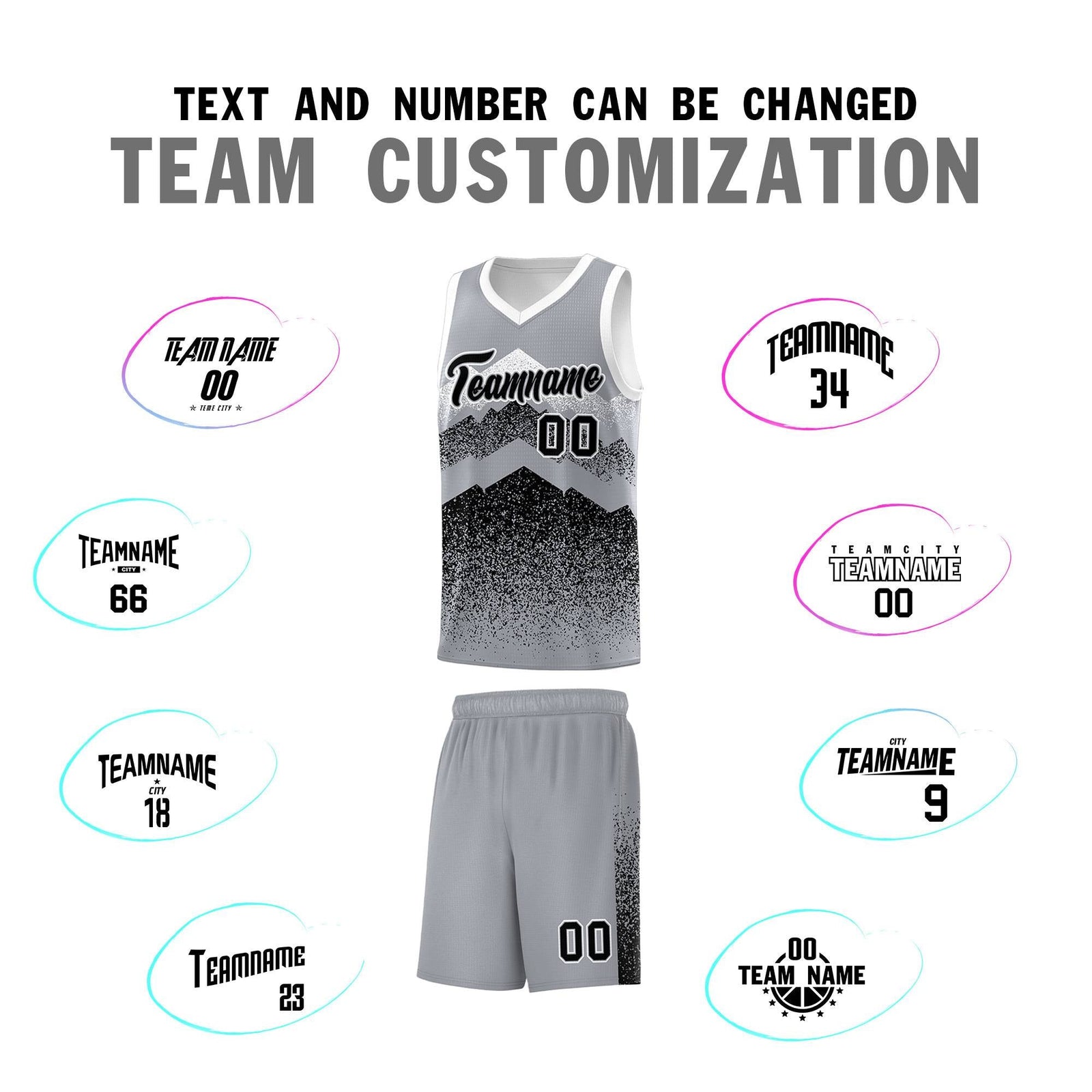 Personalized Youth Basketball Jerseys Gray Black Gradient Mountain Design Uniforms