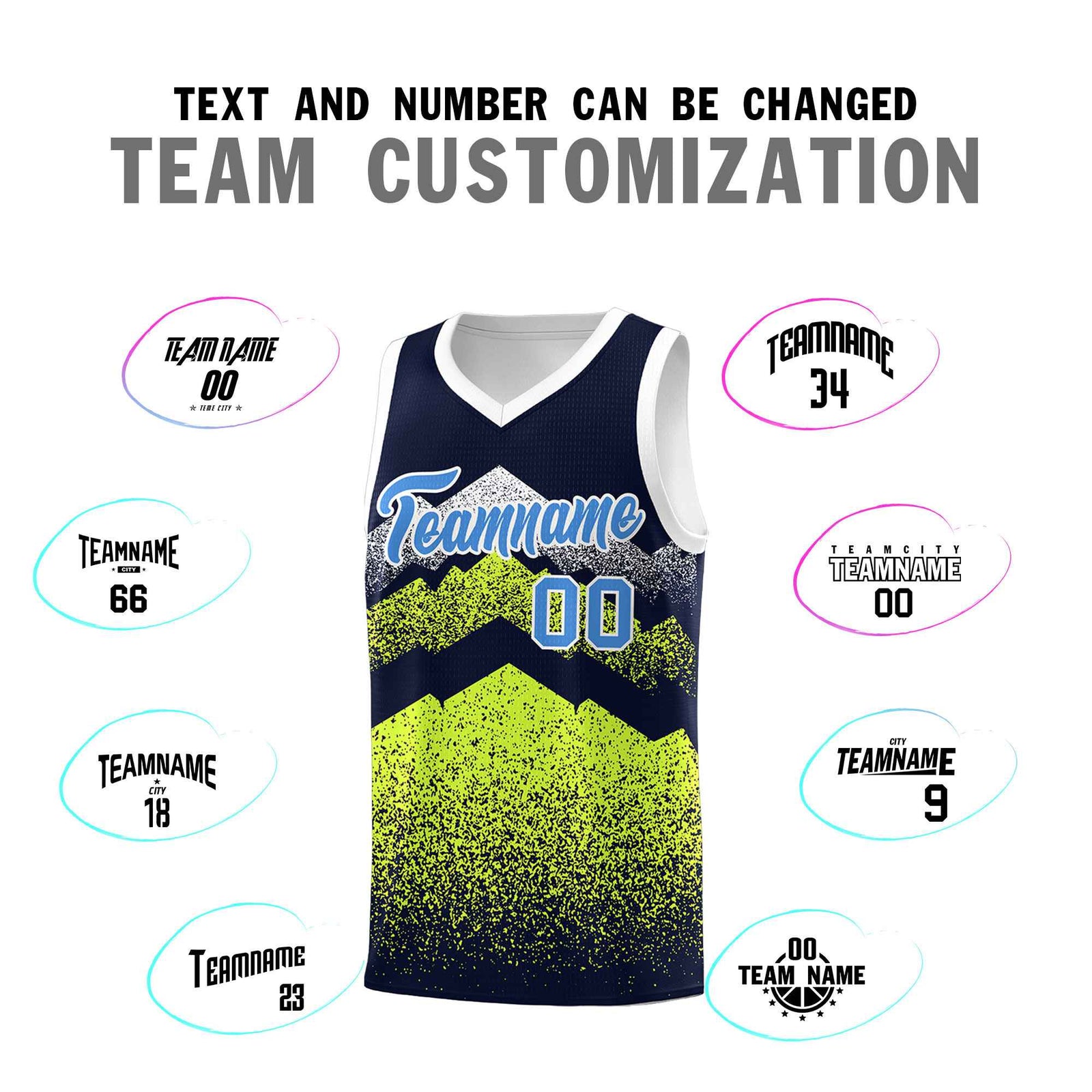 Personalized Youth Basketball Jerseys Navy Neon Green Gradient Mountain Design Uniforms