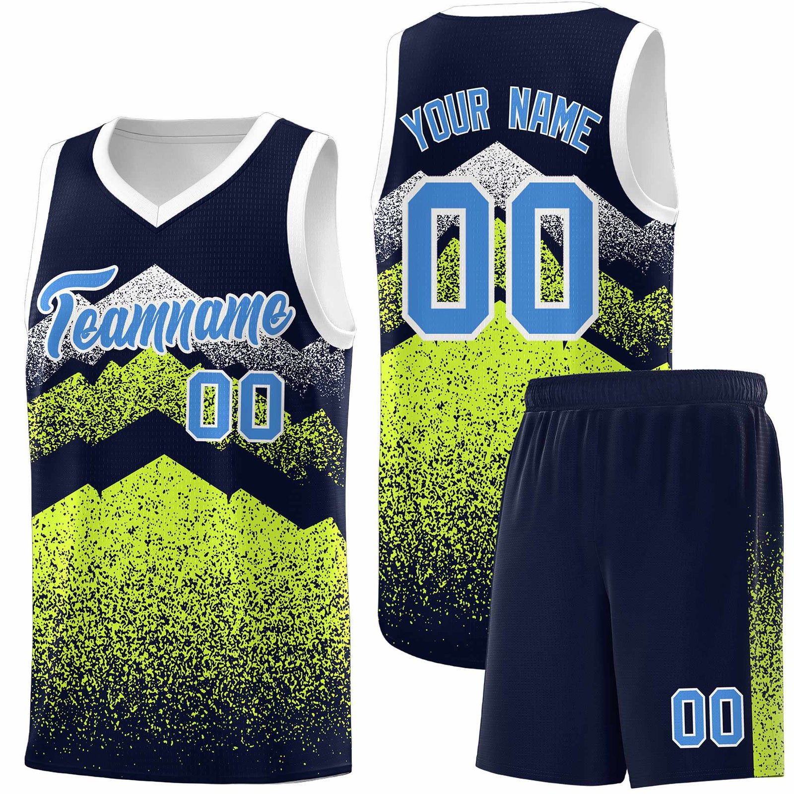Personalized Youth Basketball Jerseys Navy Neon Green Gradient Mountain Design Uniforms
