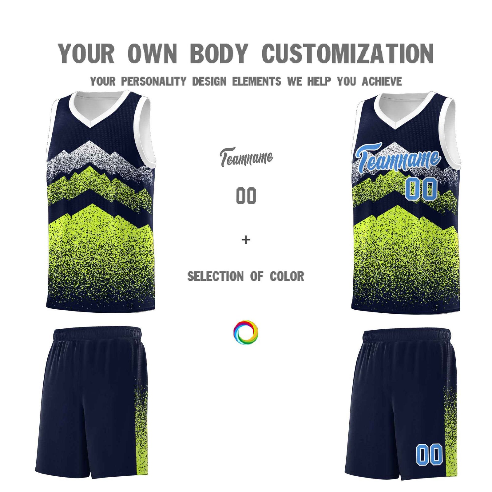 Personalized Youth Basketball Jerseys Navy Neon Green Gradient Mountain Design Uniforms