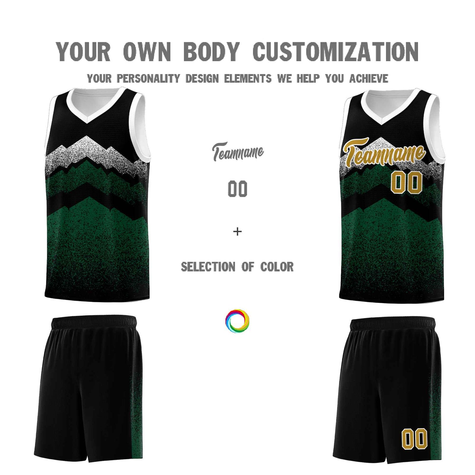 Personalized Youth Basketball Jerseys Black Green Gradient Mountain Design Uniforms