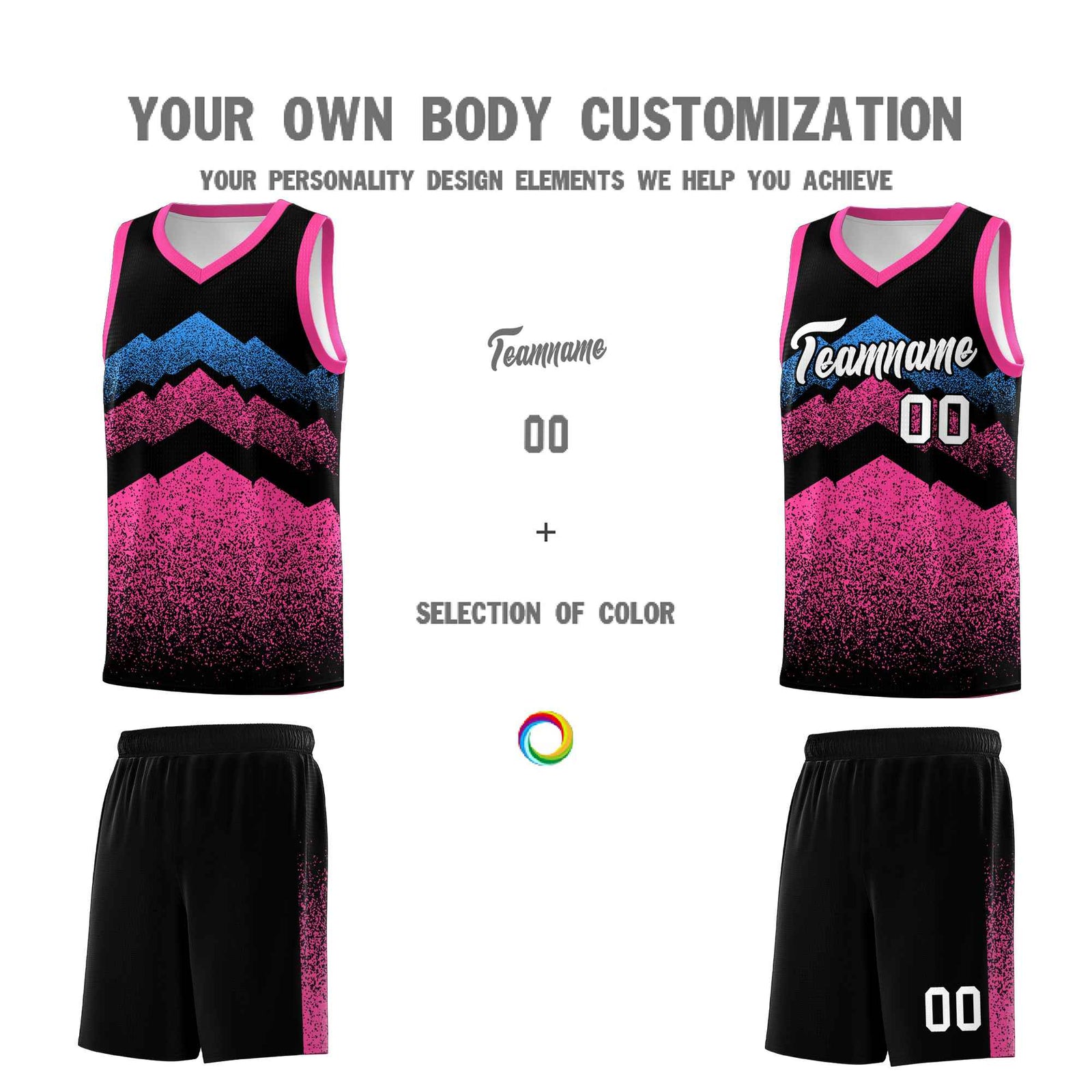 Personalized Youth Basketball Jerseys Black Pink Gradient Mountain Design Uniforms