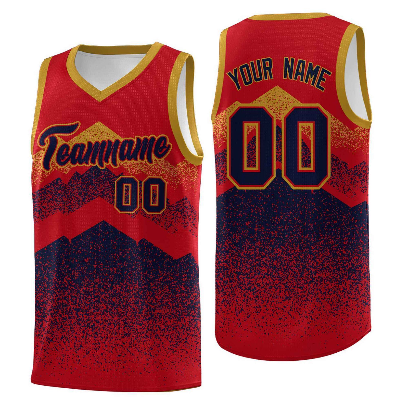 Personalized Youth Basketball Jerseys Red Navy Gradient Mountain Design Uniforms