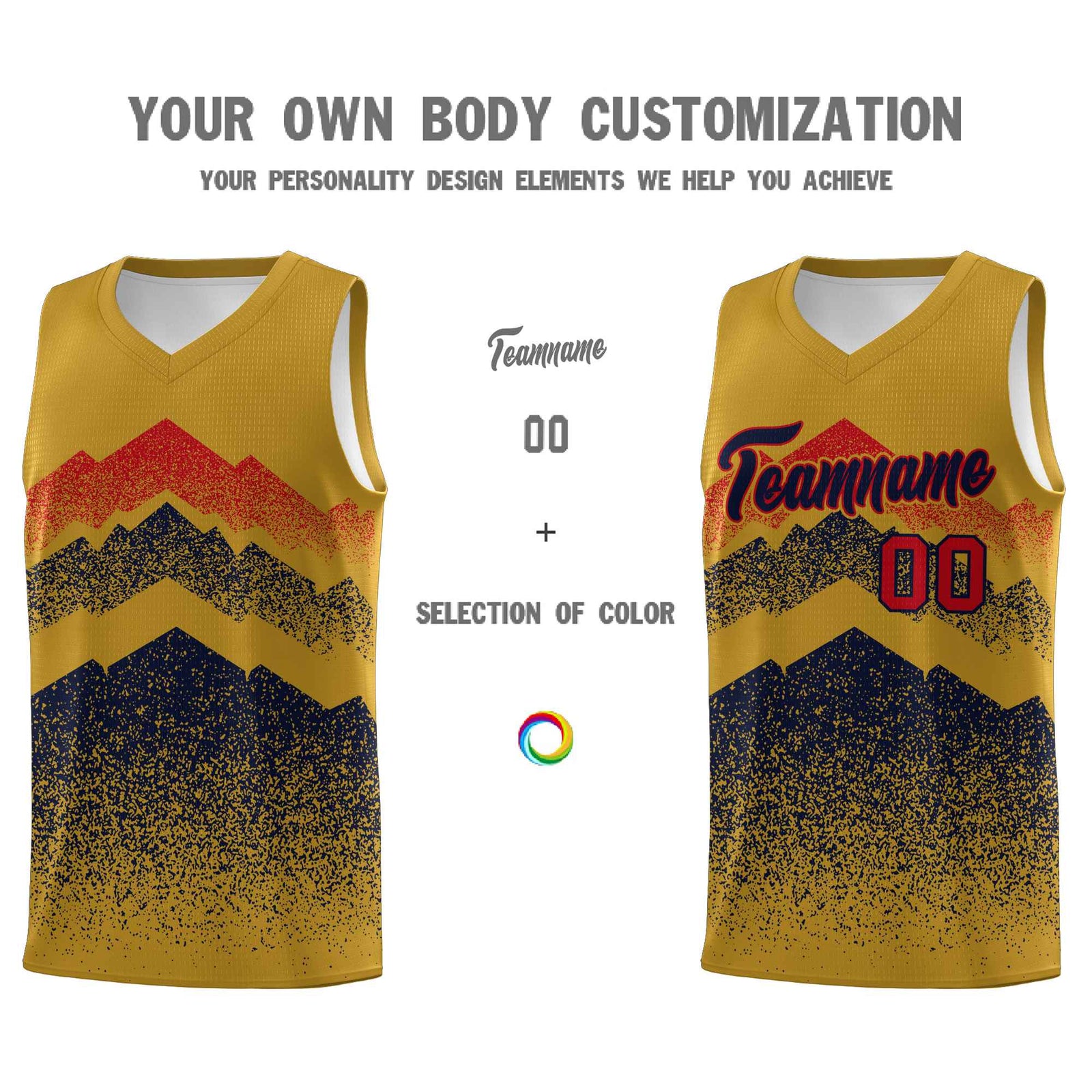 Personalized Youth Basketball Jerseys Old Gold Navy Gradient Mountain Design Uniforms
