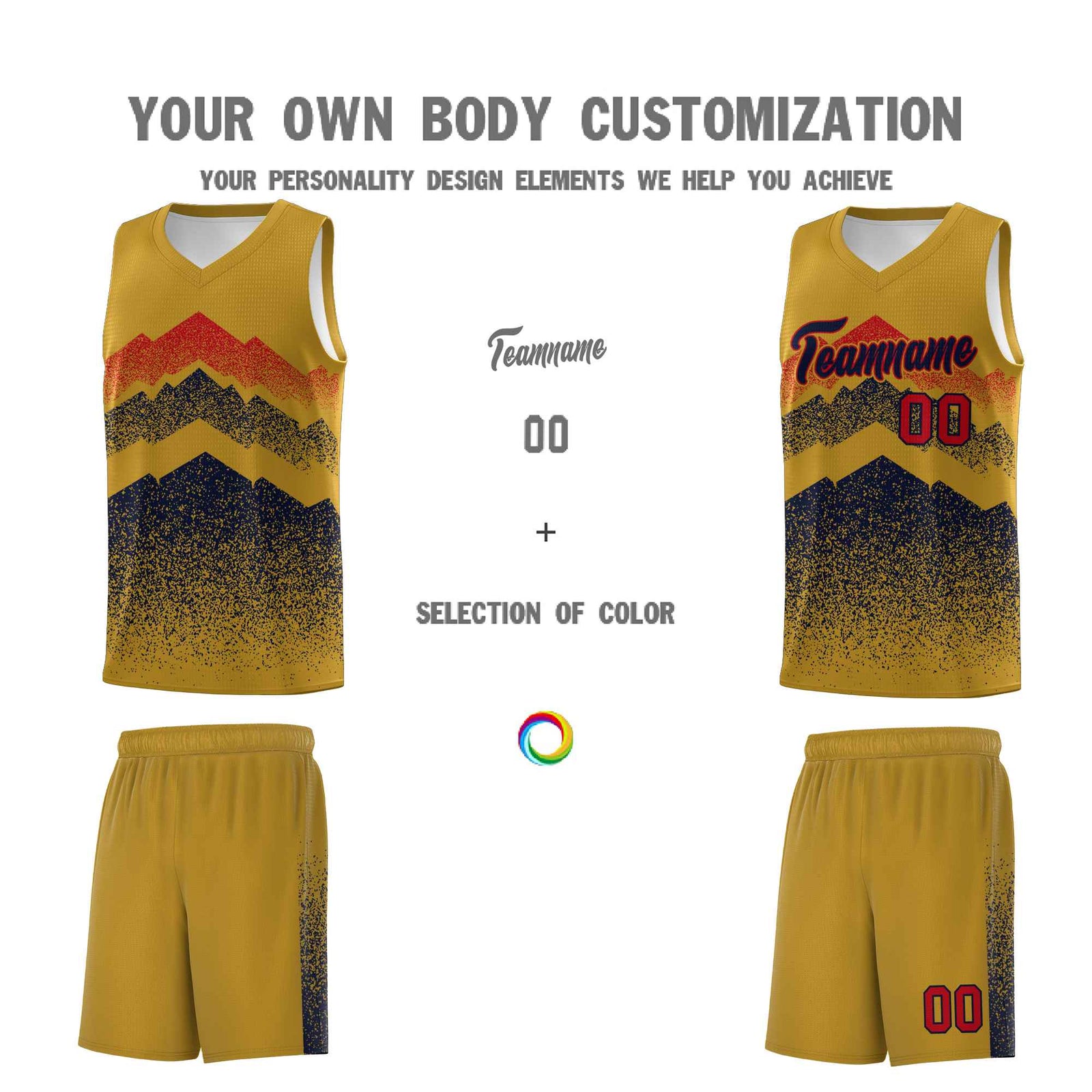 Personalized Youth Basketball Jerseys Old Gold Navy Gradient Mountain Design Uniforms