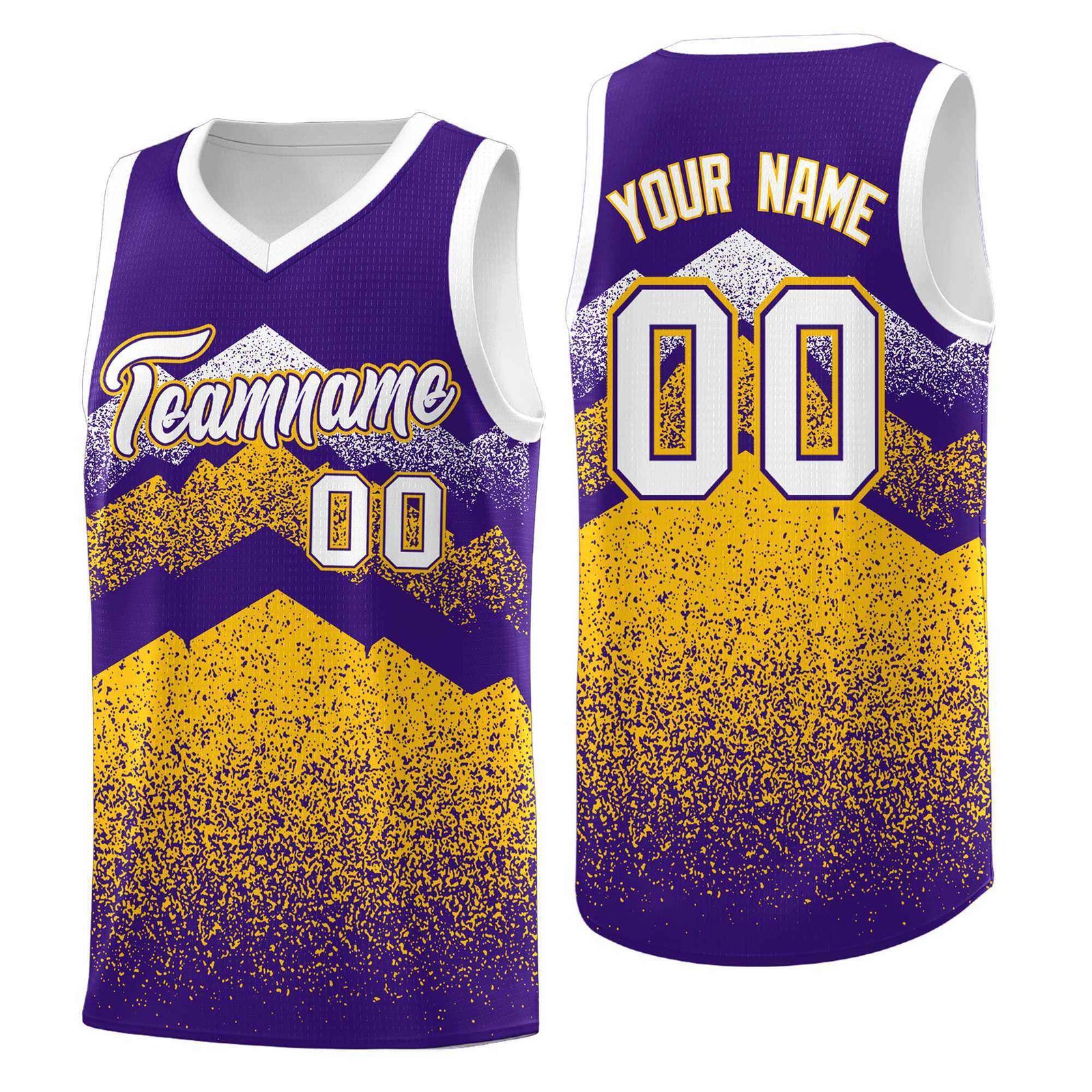 Personalized Youth Basketball Jerseys Purple Gold Gradient Mountain Design Uniforms