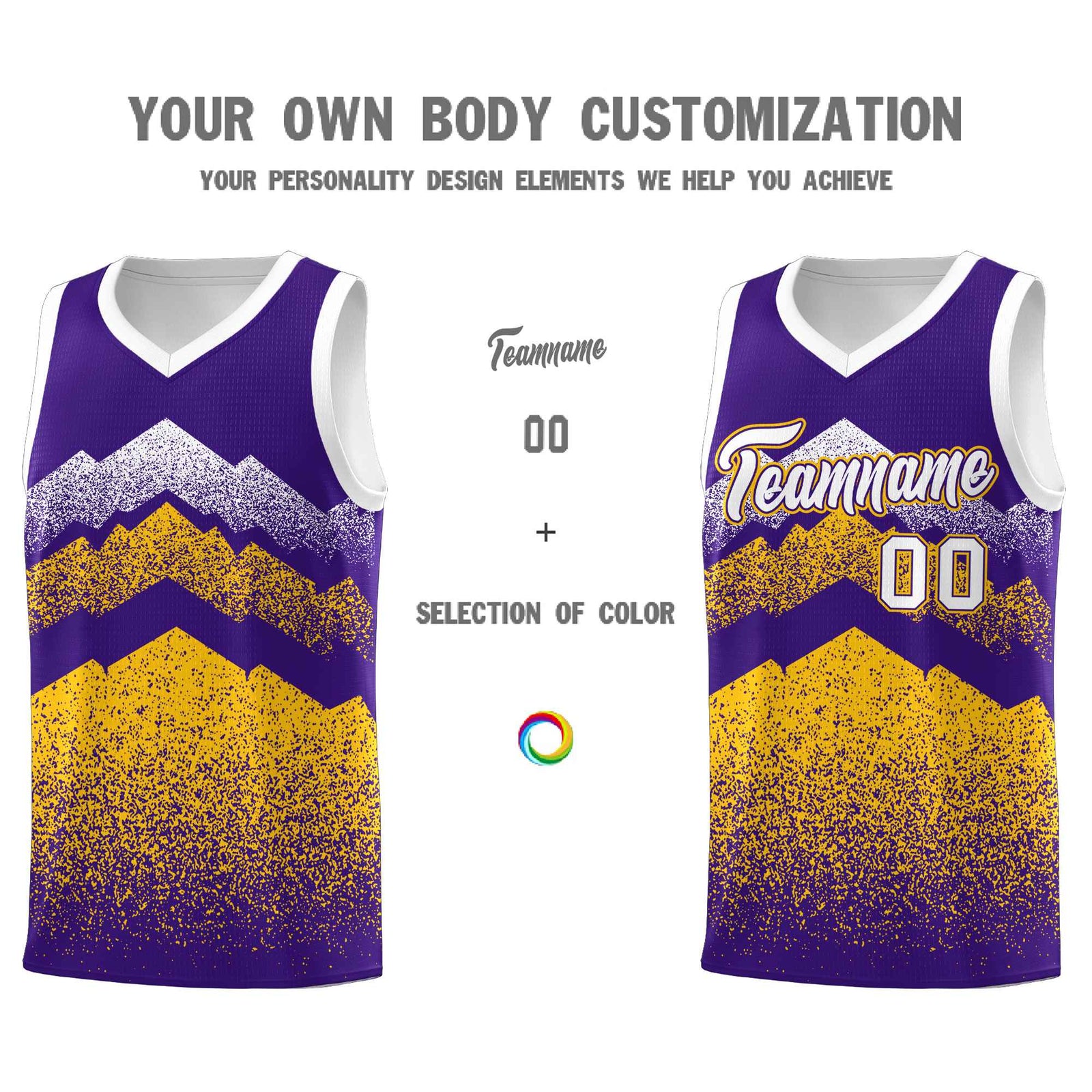 Personalized Youth Basketball Jerseys Purple Gold Gradient Mountain Design Uniforms