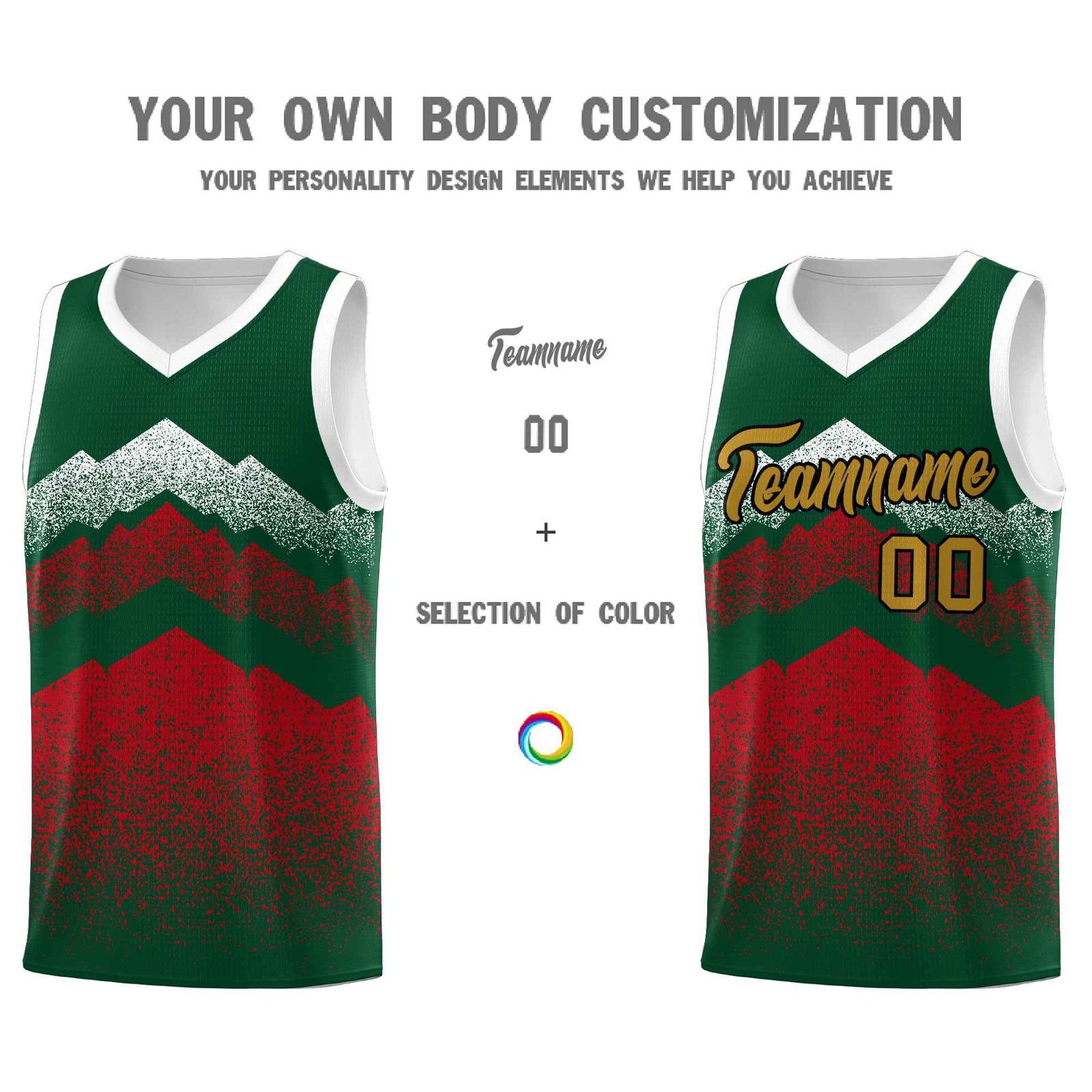 Personalized Youth Basketball Jerseys Green Red Gradient Mountain Design Uniforms
