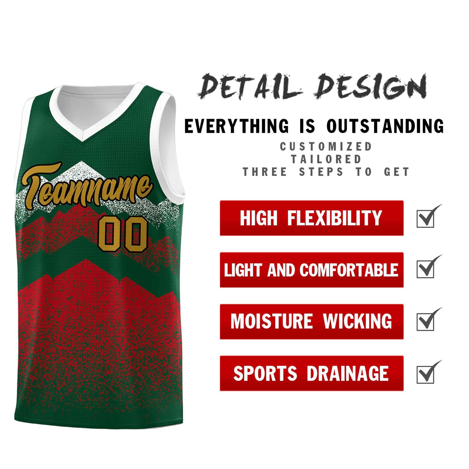 Personalized Youth Basketball Jerseys Green Red Gradient Mountain Design Uniforms