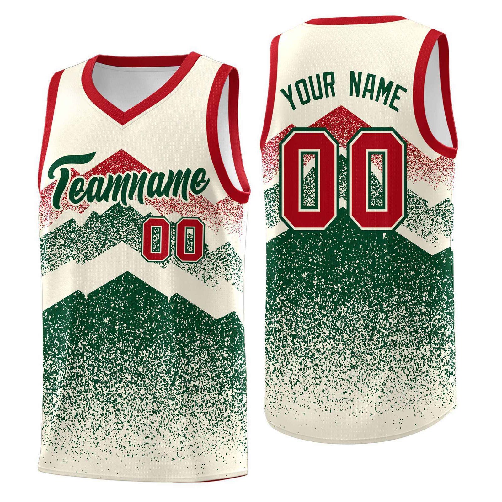 Personalized Youth Basketball Jerseys Cream Green Gradient Mountain Design Uniforms