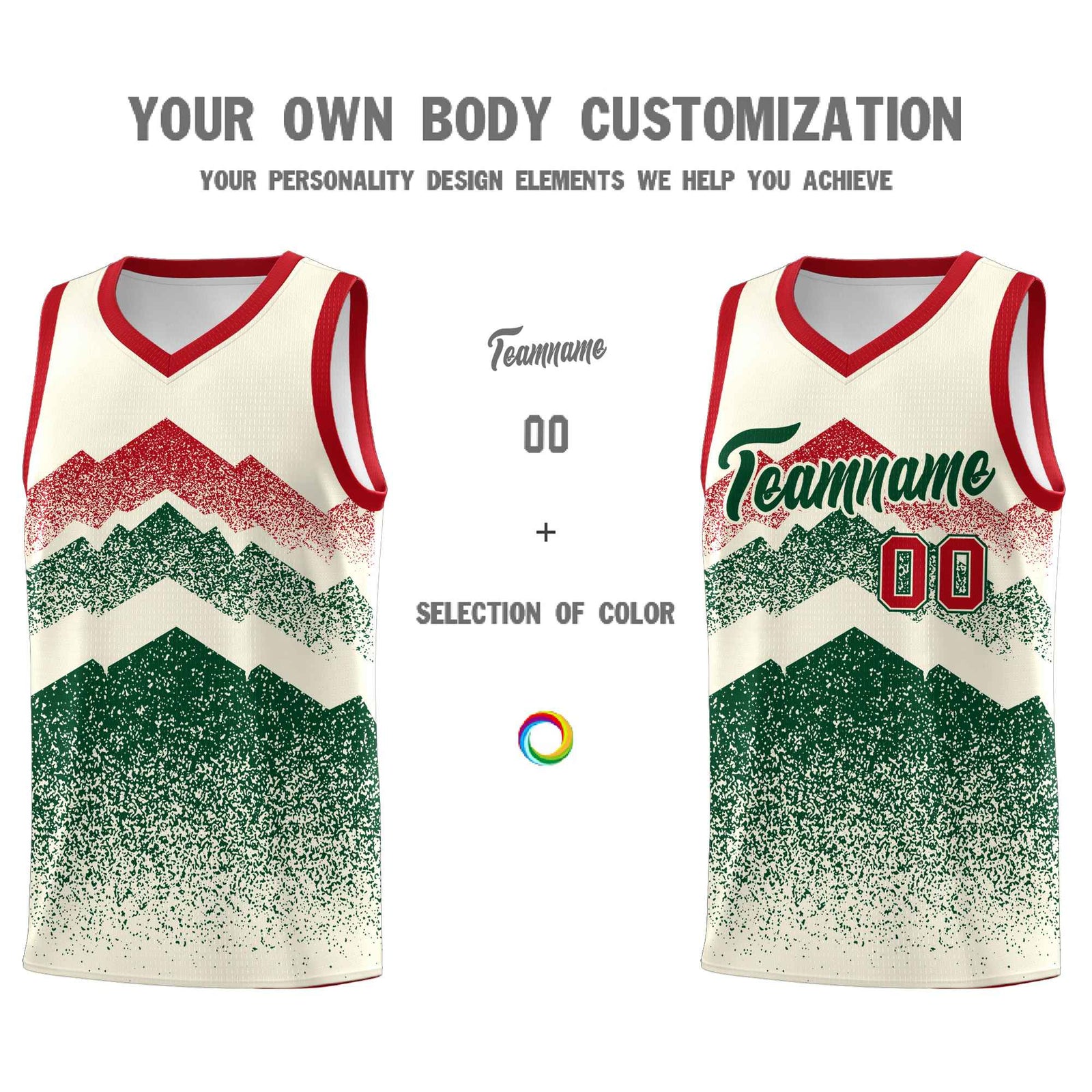 Personalized Youth Basketball Jerseys Cream Green Gradient Mountain Design Uniforms