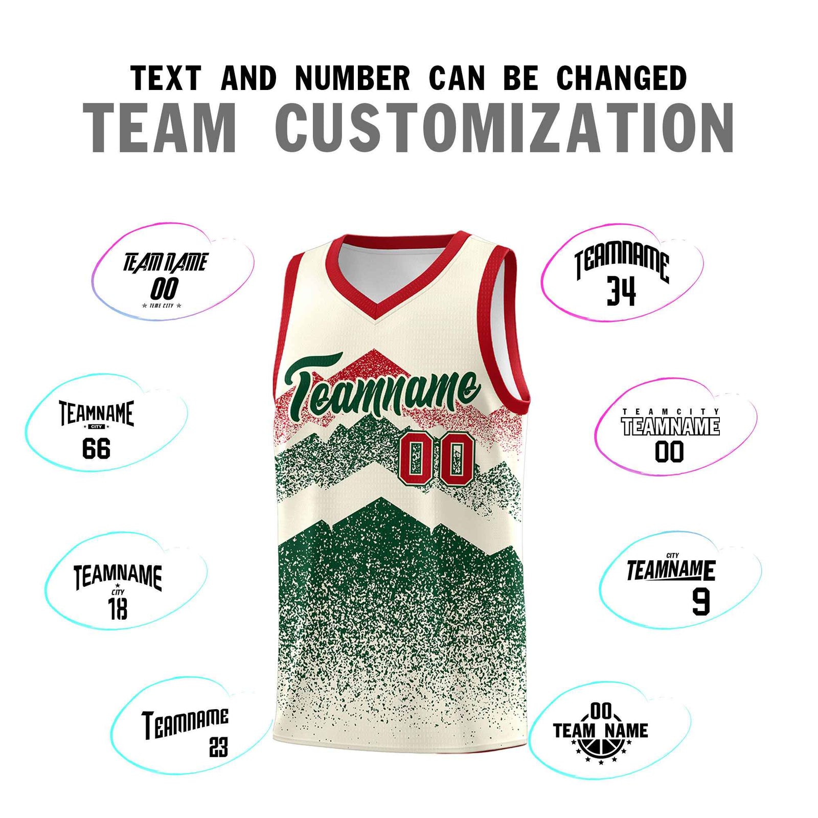 Personalized Youth Basketball Jerseys Cream Green Gradient Mountain Design Uniforms