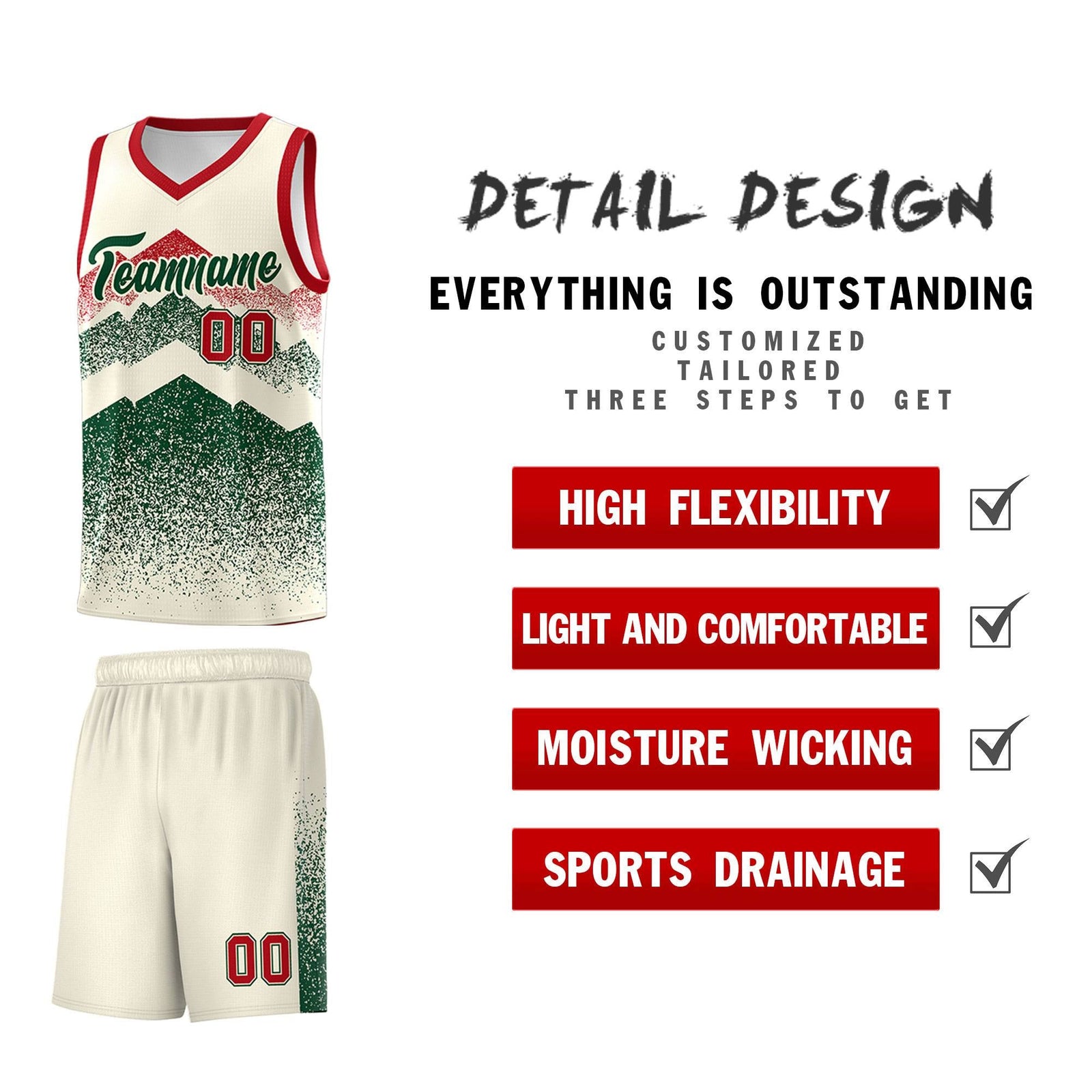 Personalized Youth Basketball Jerseys Cream Green Gradient Mountain Design Uniforms