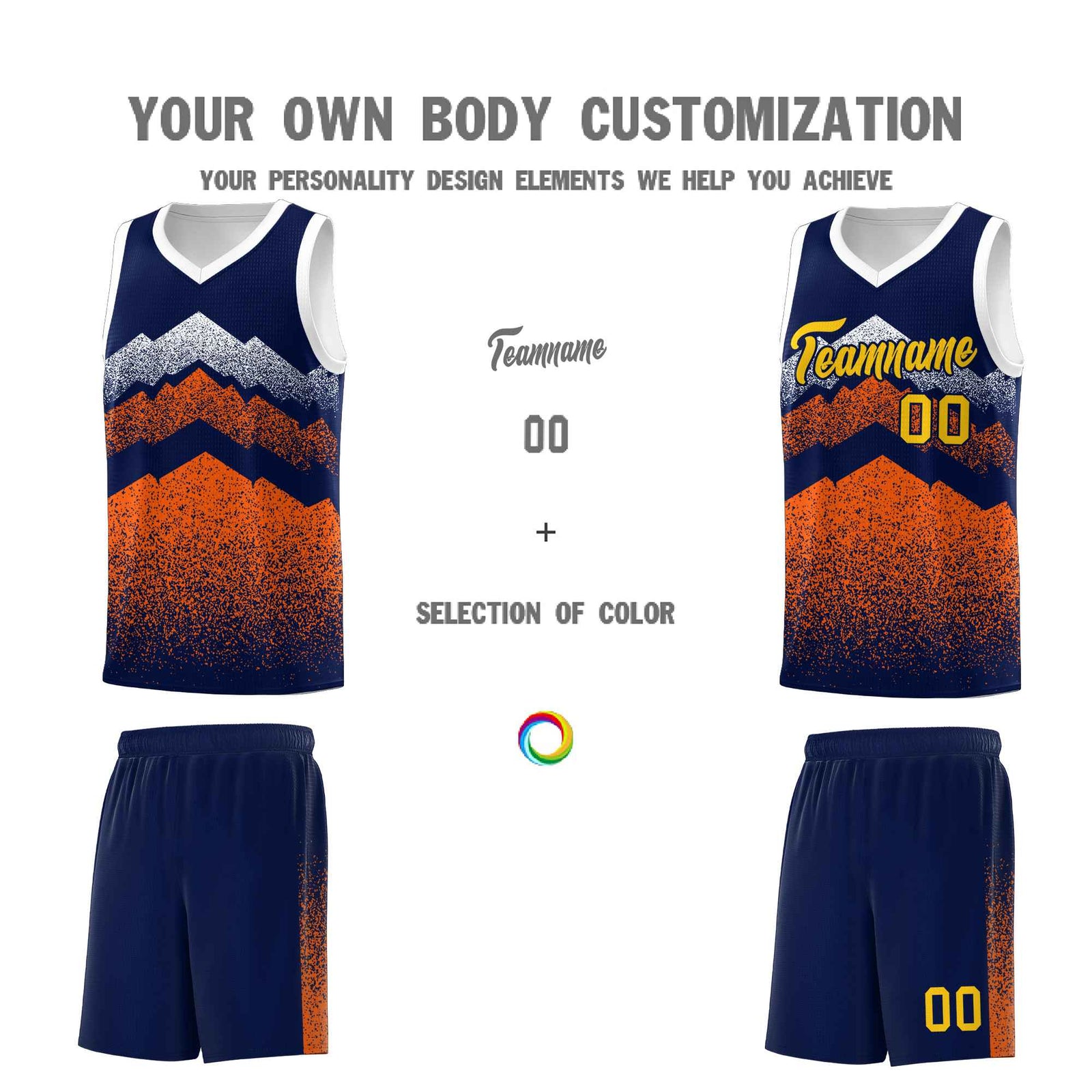 Personalized Youth Basketball Jerseys Navy Orange Gradient Mountain Design Uniforms