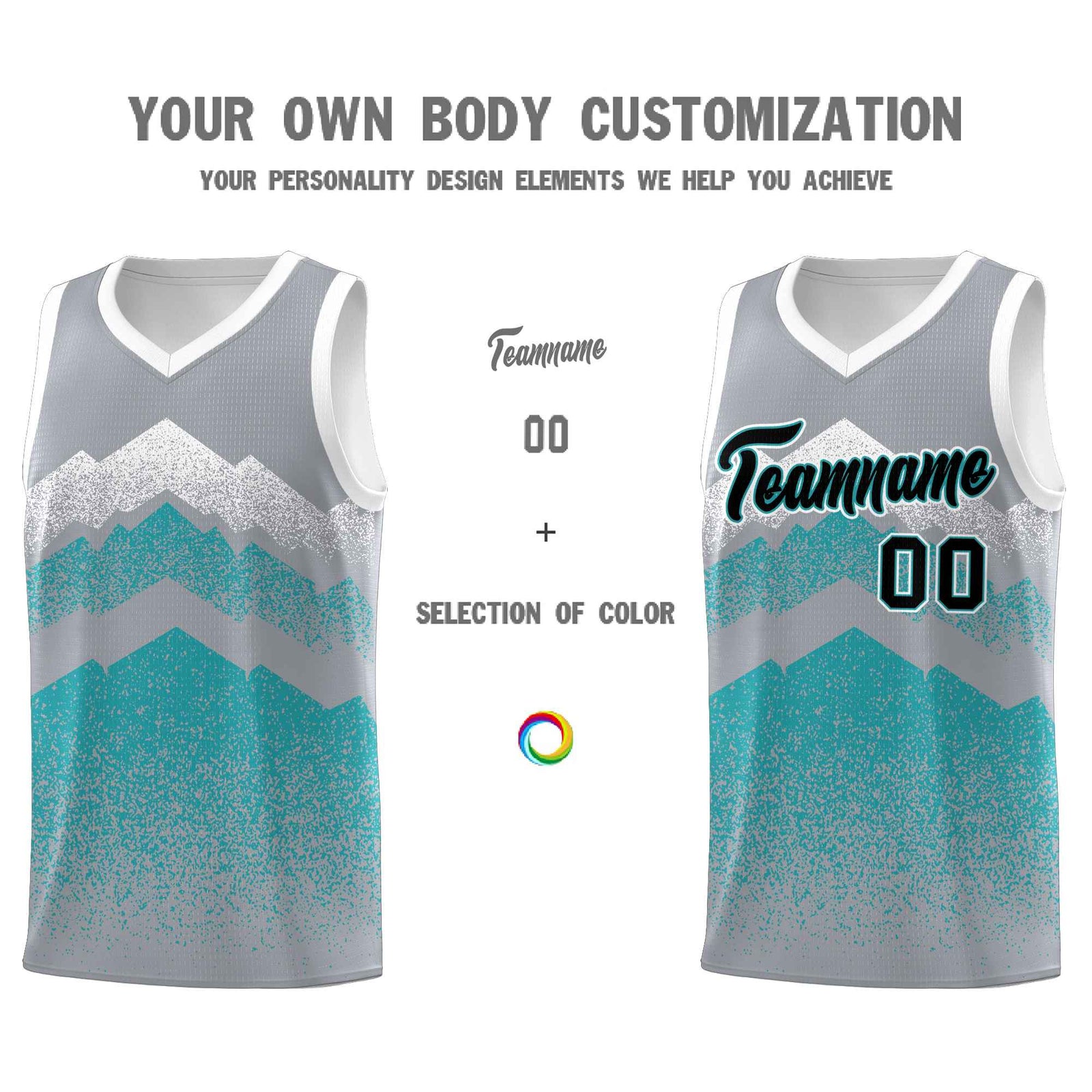 Personalized Youth Basketball Jerseys Silver Teal Gradient Mountain Design Uniforms