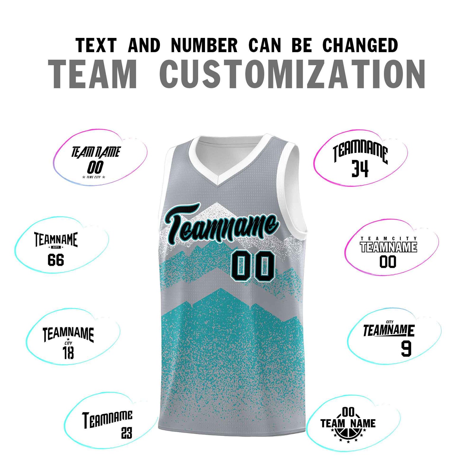 Personalized Youth Basketball Jerseys Silver Teal Gradient Mountain Design Uniforms