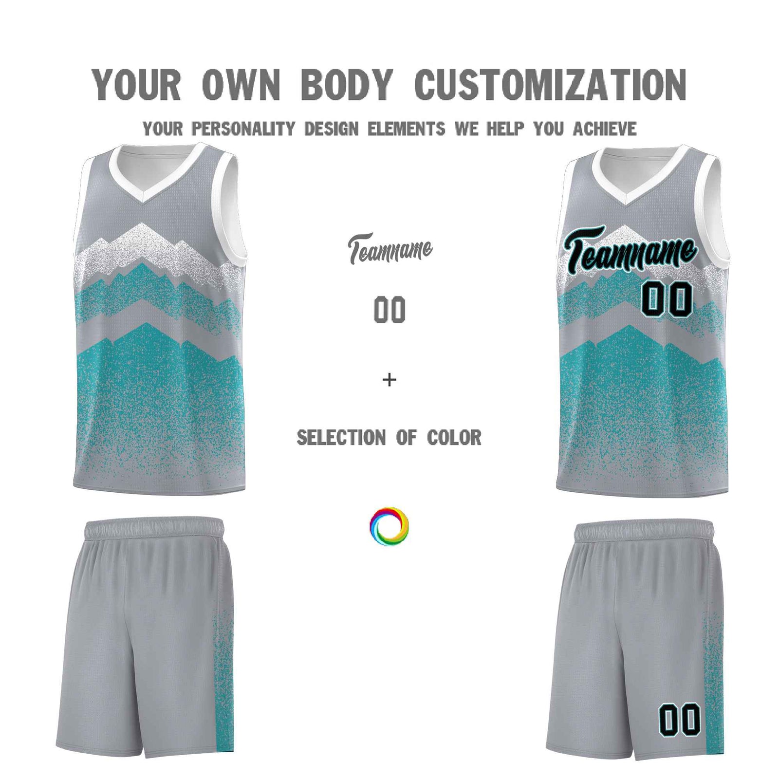 Personalized Youth Basketball Jerseys Silver Teal Gradient Mountain Design Uniforms