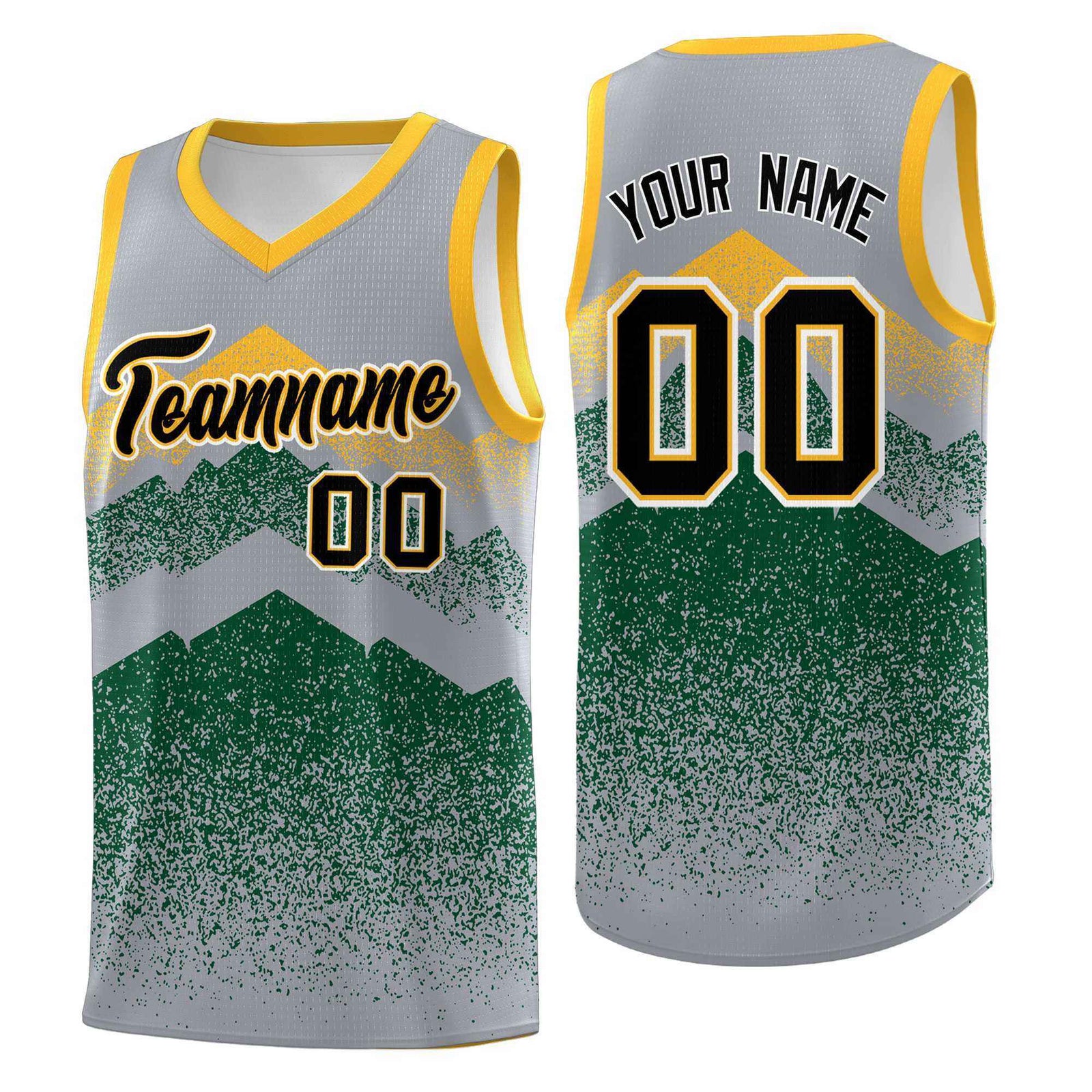 Personalized Youth Basketball Jerseys Gray Green Gradient Mountain Design Uniforms
