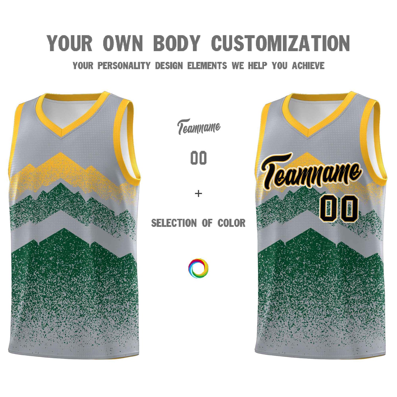 Personalized Youth Basketball Jerseys Gray Green Gradient Mountain Design Uniforms