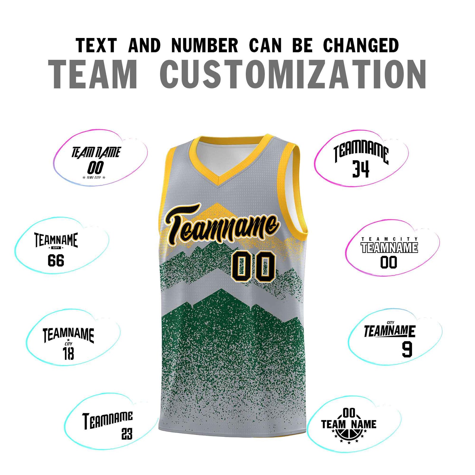Personalized Youth Basketball Jerseys Gray Green Gradient Mountain Design Uniforms