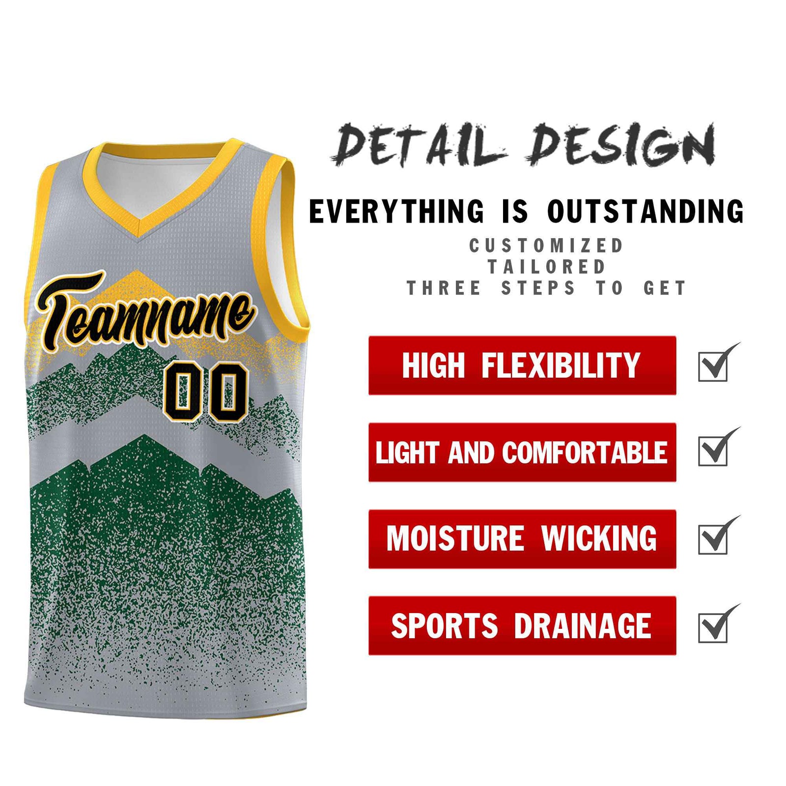 Personalized Youth Basketball Jerseys Gray Green Gradient Mountain Design Uniforms