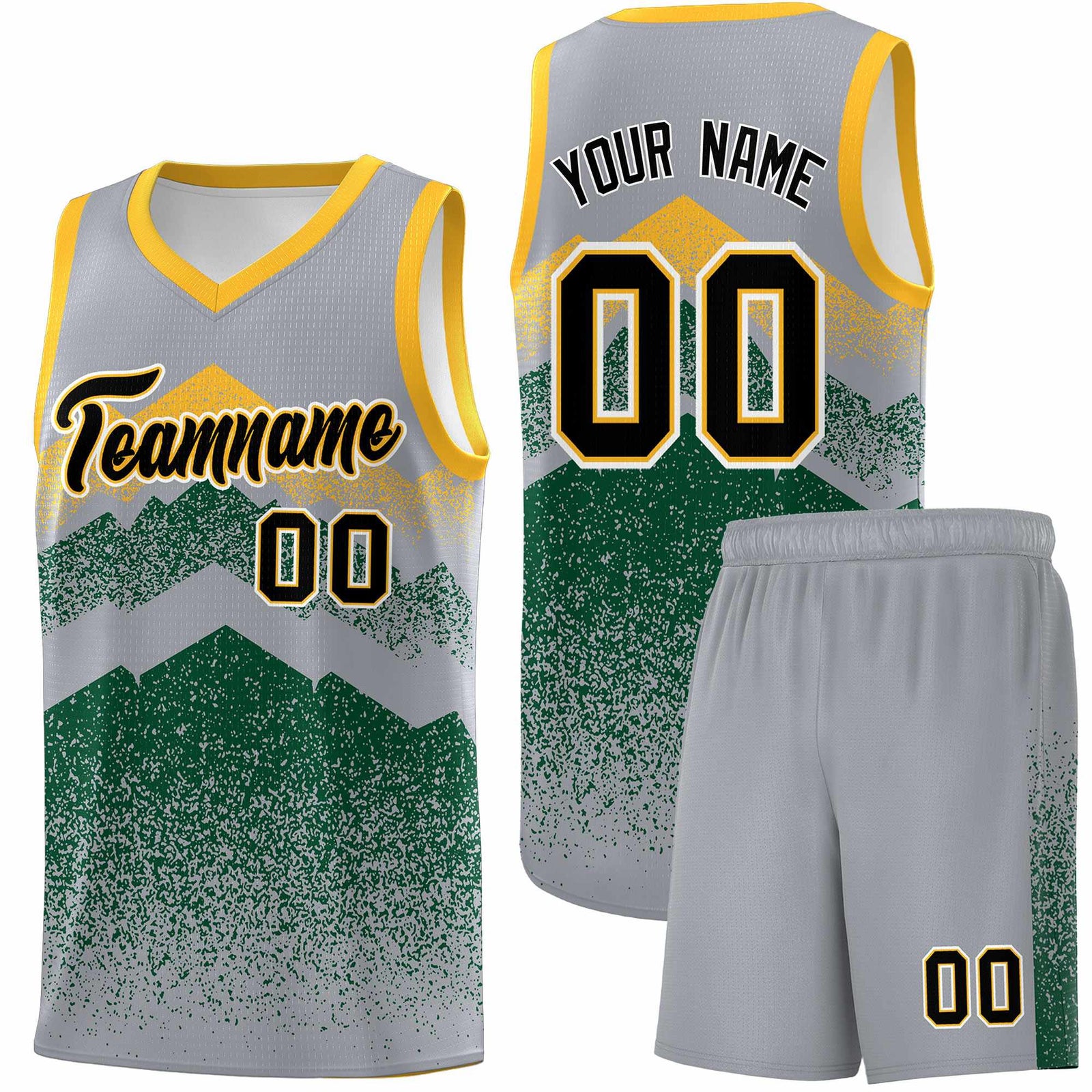 Personalized Youth Basketball Jerseys Gray Green Gradient Mountain Design Uniforms