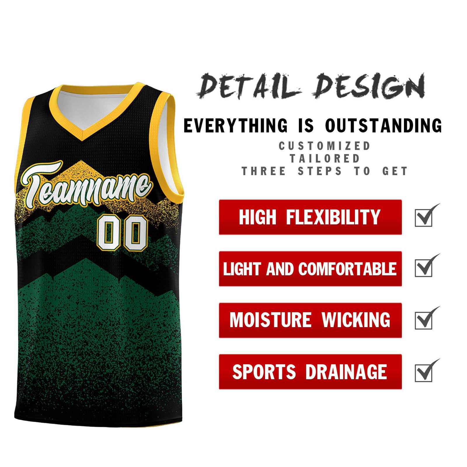 Custom Youth Basketball Jerseys Black Green Gradient Mountain Design Uniforms